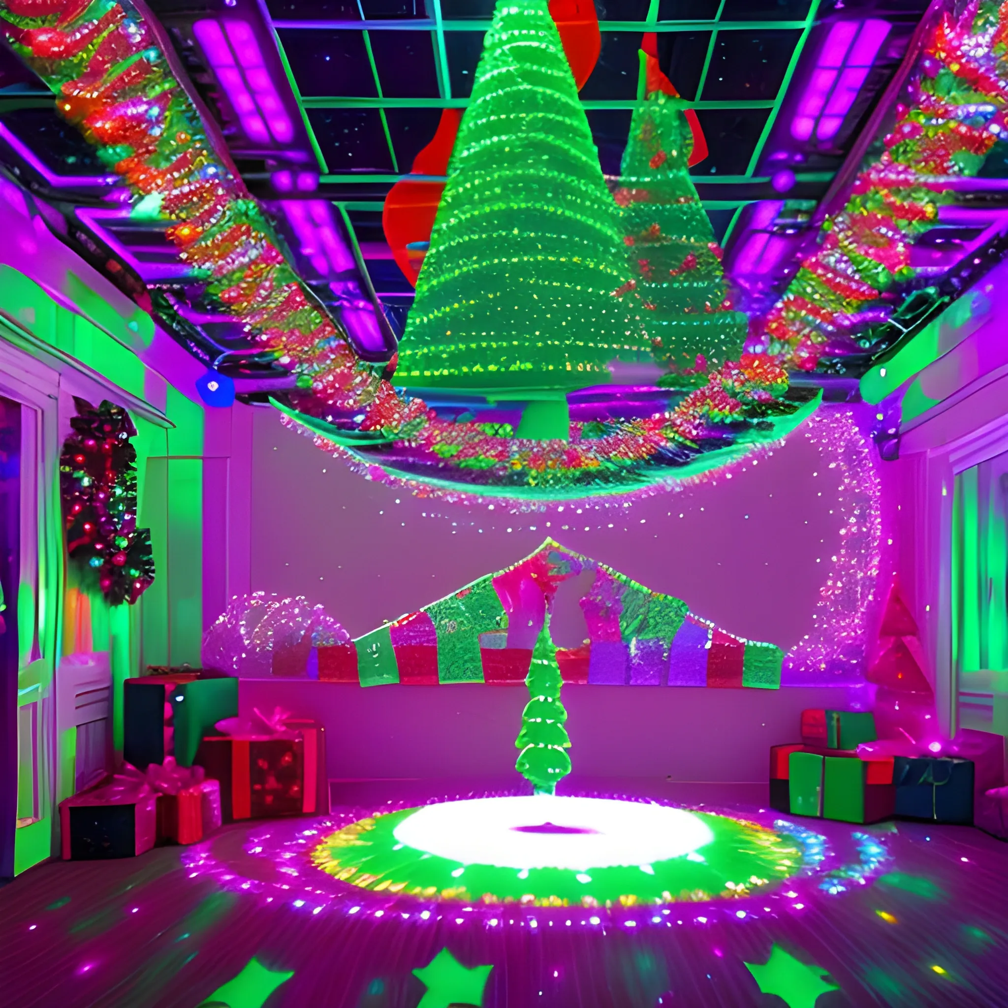 Liminal space disco with christmas decorations