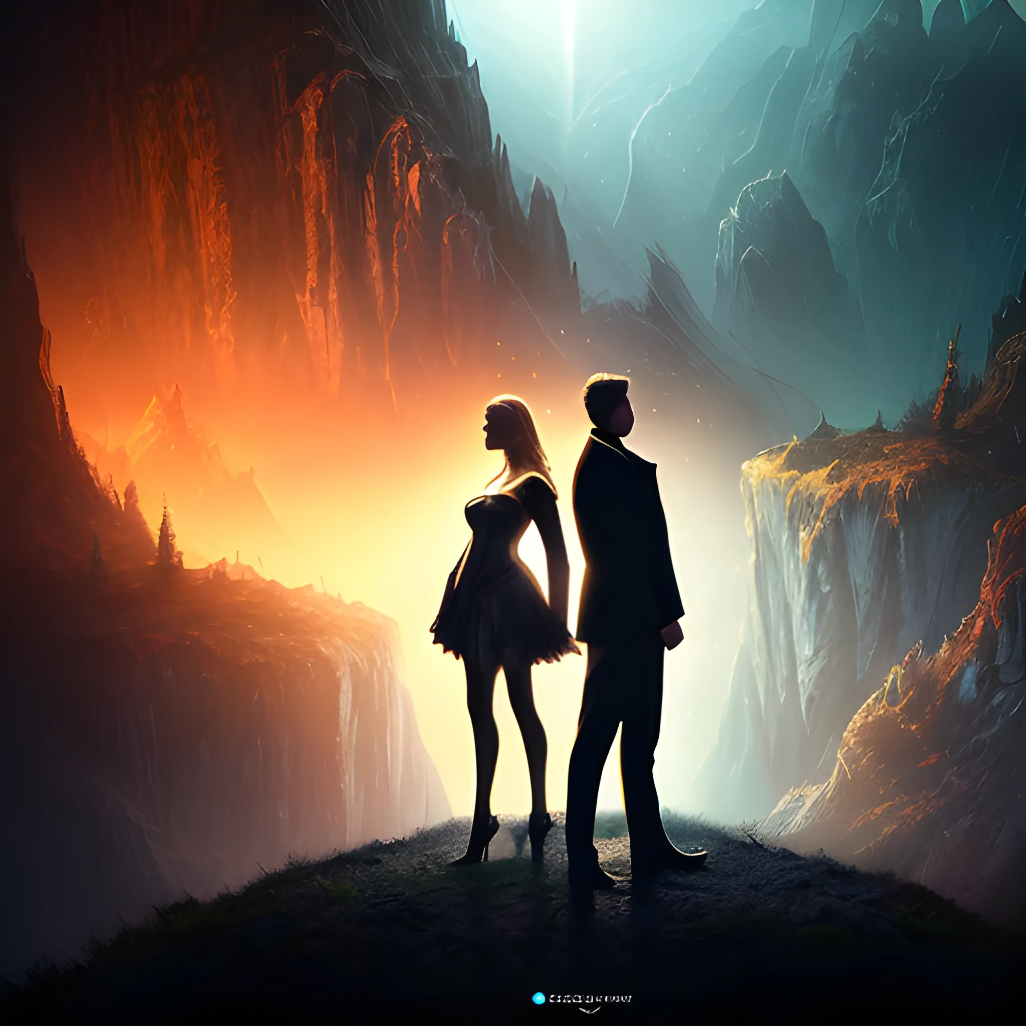 Cinematic, detailed, dramatic lighting, man and woman in spotlight background, fantasy scenery, day and night, pensive, contemplative