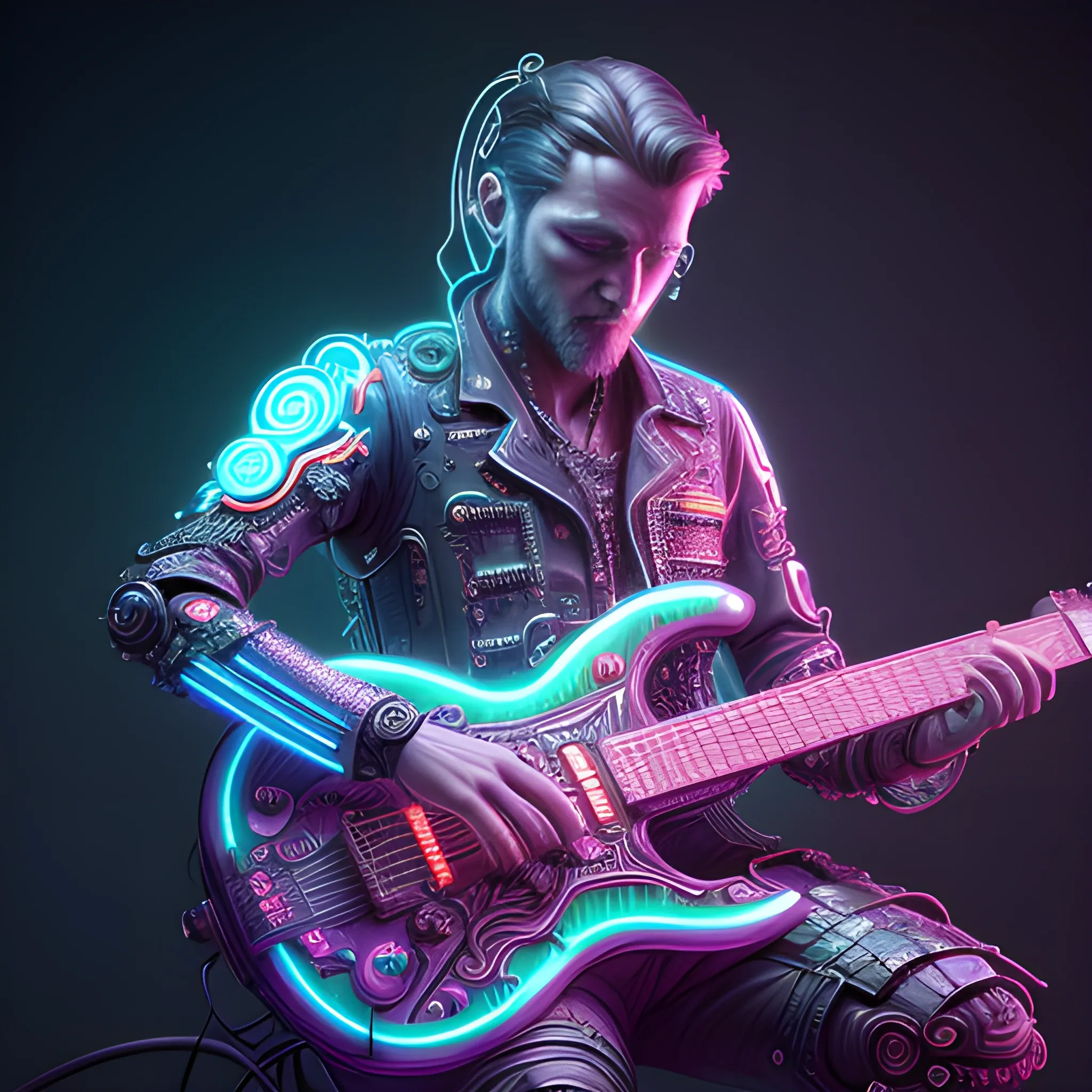 a highly detailed digital image of an imagination machine, concept art, artstation, cgsociety, very detailed, intricate, man playing neon  guitar, mysterious woman contemplative, iridescent accents, ray tracing, product lighting, sharp, smooth, masterpiece