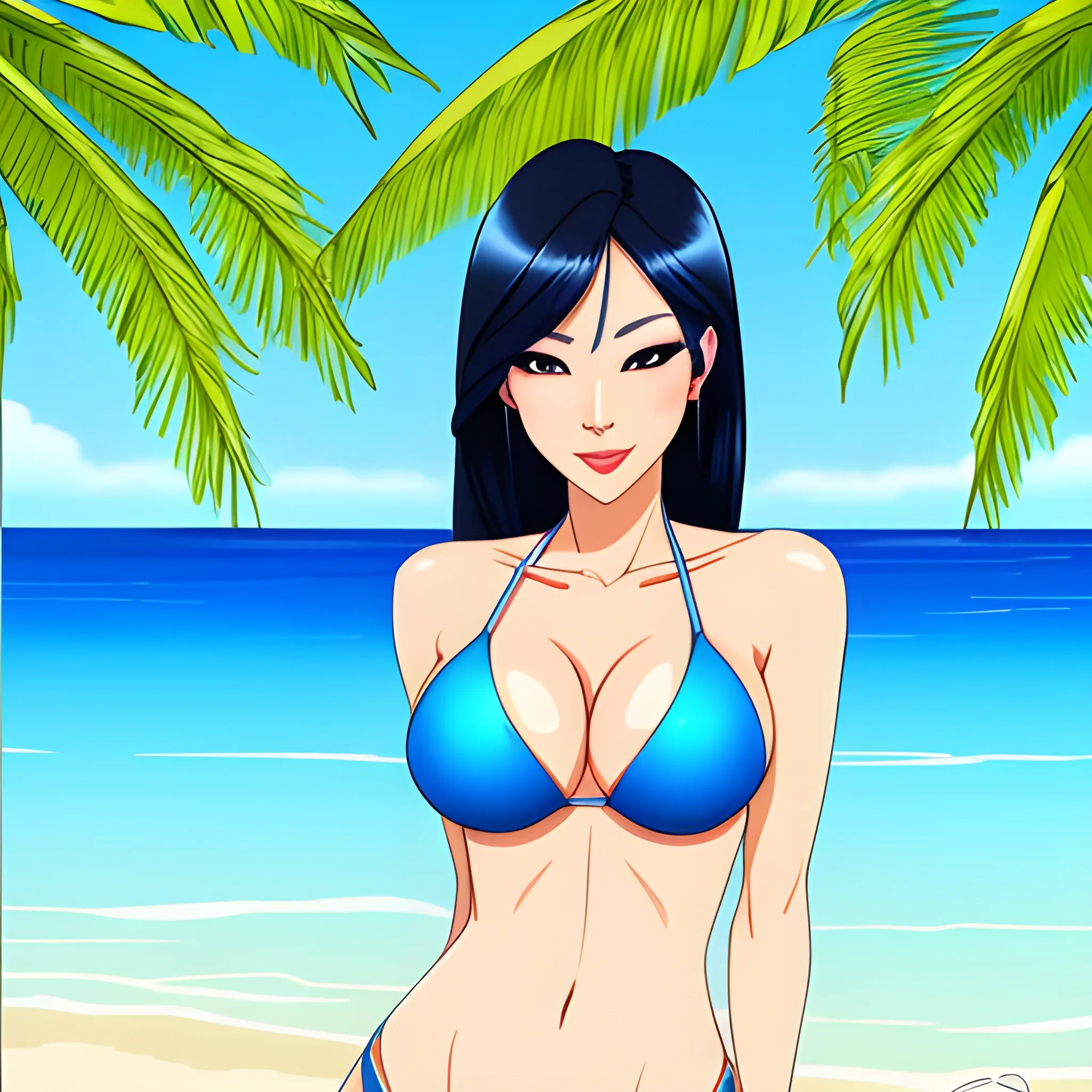 a sexy asian girl. Looking at camera, with blue eyes. And using a bikini. in a nice day. you must be realistic and creative

, Cartoon