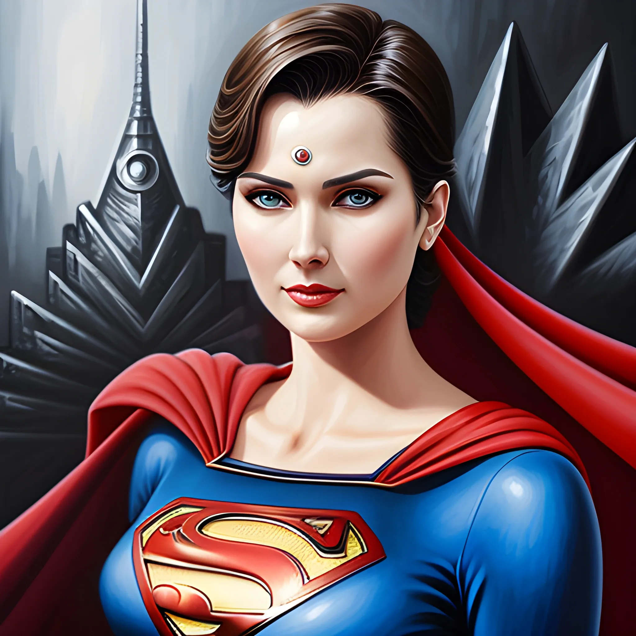 An elegant lady wearing a Superman costume, eye-catching detail, realistic ultra-detailed, Oil Painting