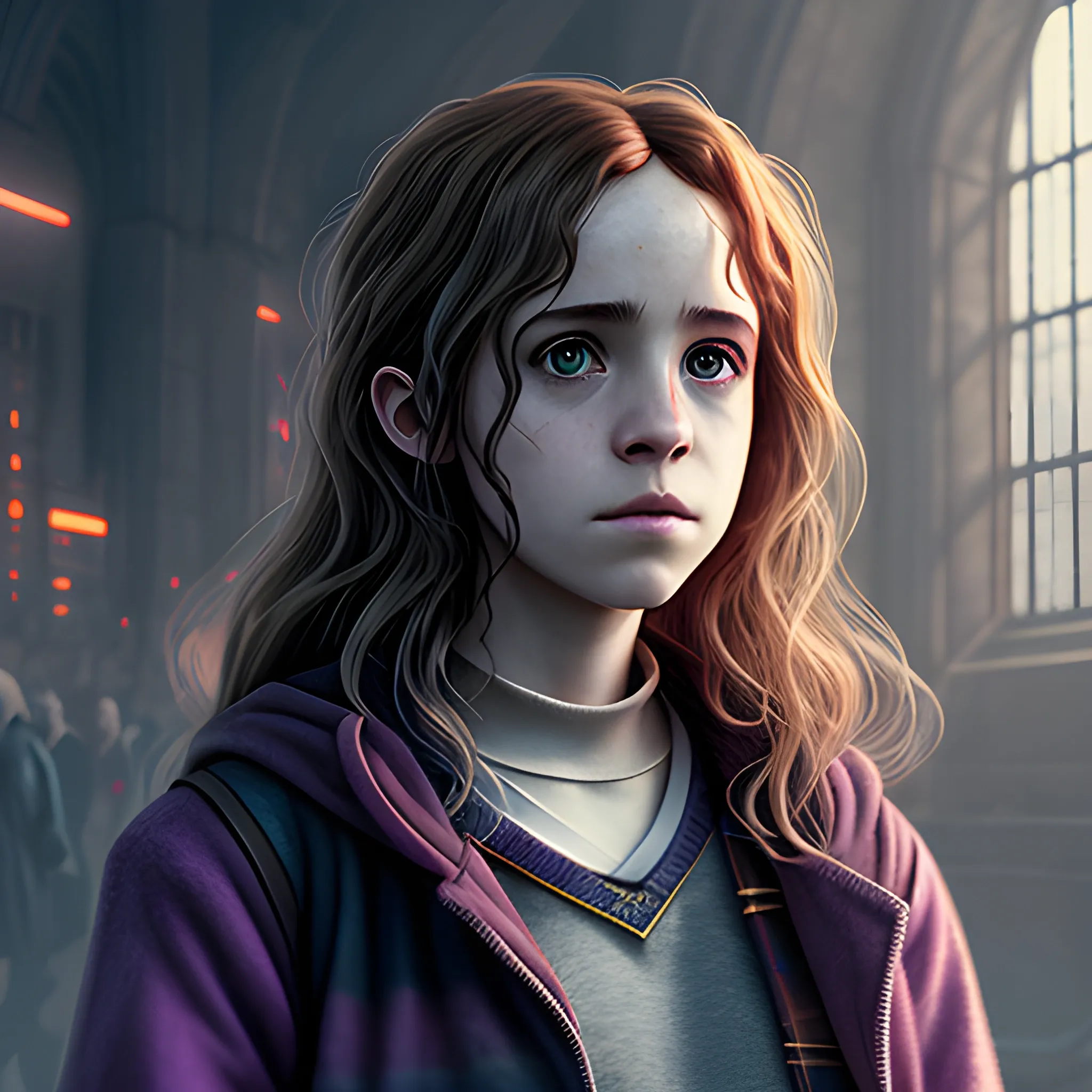 hermione granger in hogwarts, cyberpunk style, photorealistic
