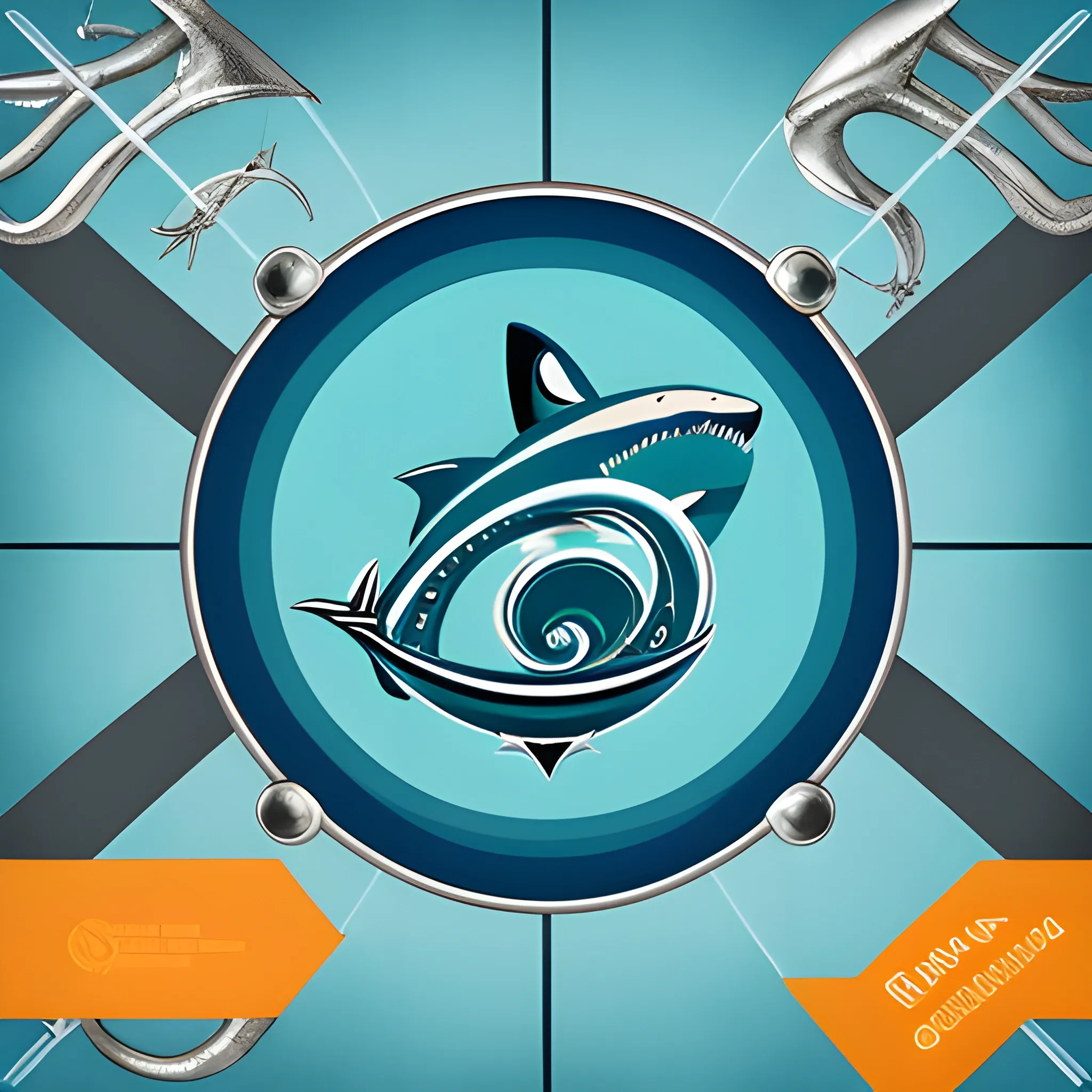 Design a captivating logo for "Jig Master" incorporating a seamless blend of a shark and a fishing hook. Ensure a harmonious composition, with the name elegantly placed beneath the image. Opt for a color palette that reflects the underwater theme and resonates with the essence of the store.