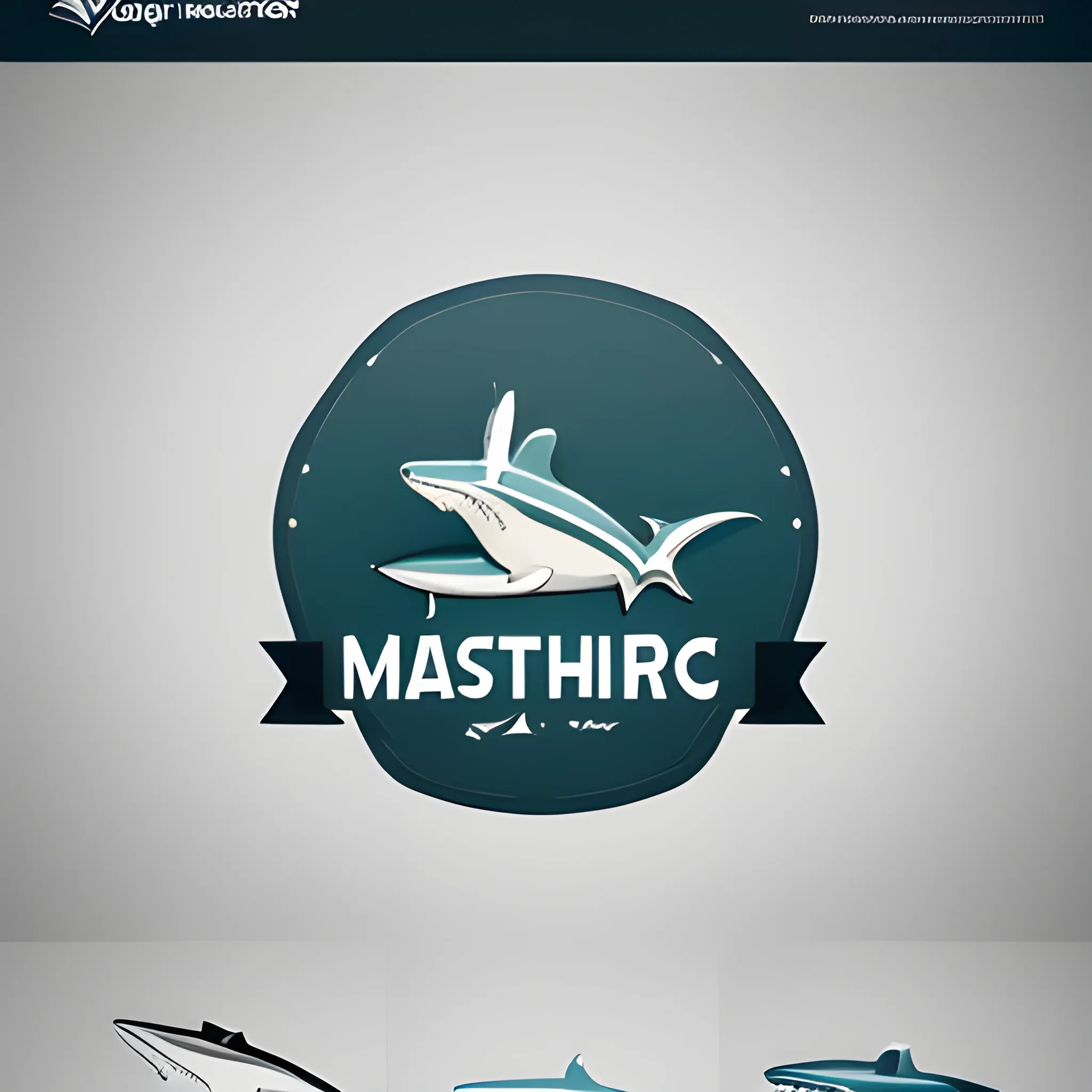 Develop an elegant logo for "Jig Master" featuring a refined representation of a shark and a fishing hook. Aim for a design that exudes sophistication and style. Place the store name below the image in a tasteful font. Choose a muted and classy color palette to convey a sense of marine elegance.
