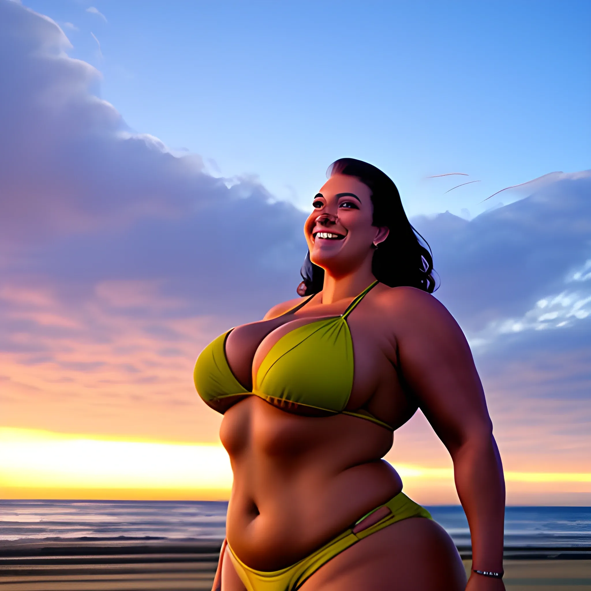 beautiful huge and tall plus size muscular gently smiling young blonde girl standing at a beach cabin watching the beach, the sea and the sky at sunset