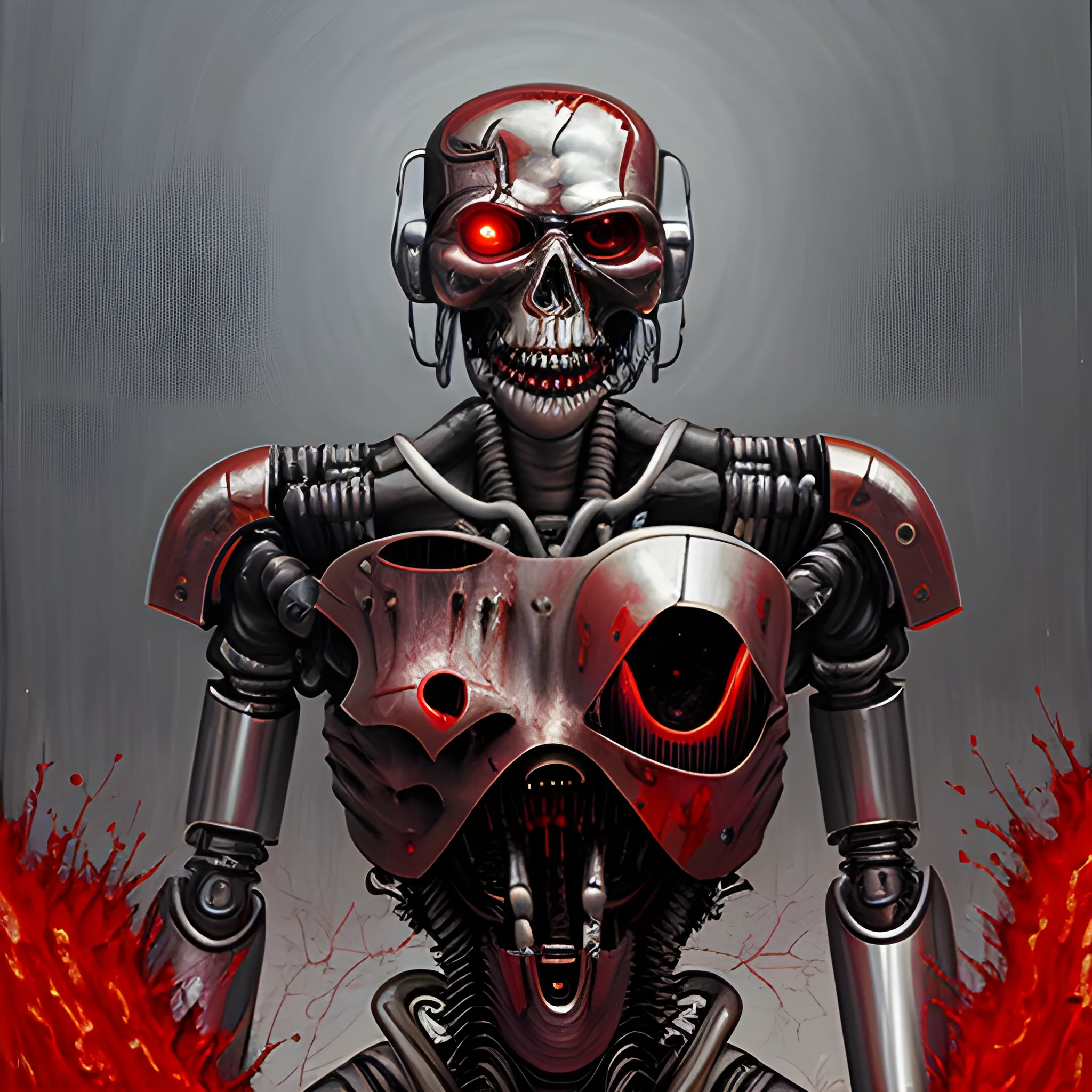 Evil terminator robots eating human corpses 
includ lots of gore and blood, , Oil Painting