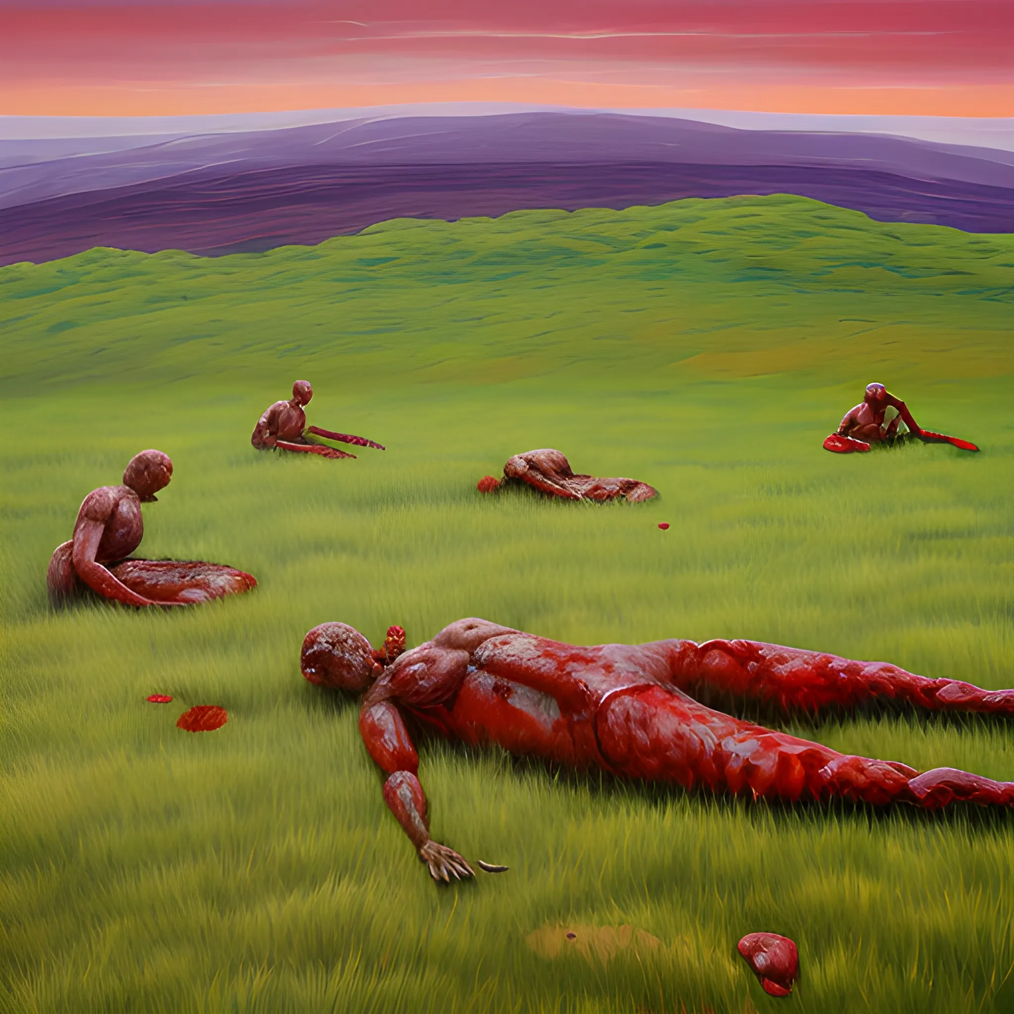 blobs of human flesh on grassy 
hill 
include lots of gore and blood, , Oil Painting, 3D