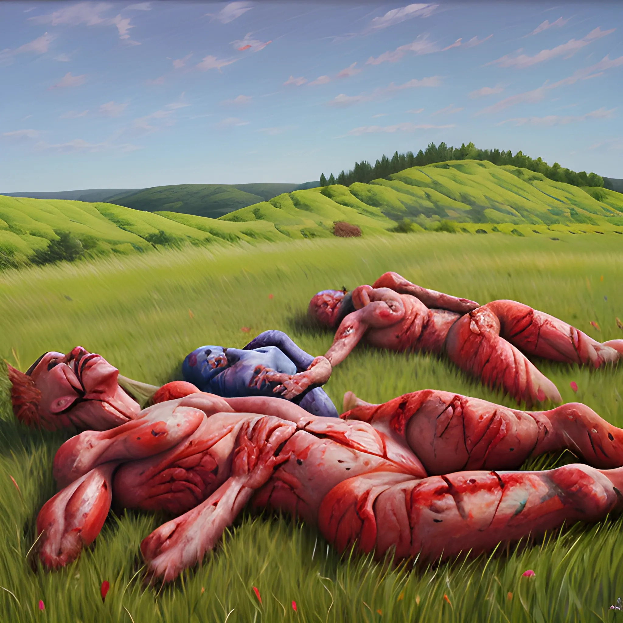 blobs of flesh on grassy 
hill 
include lots of gore and blood, , Oil Painting, 3D