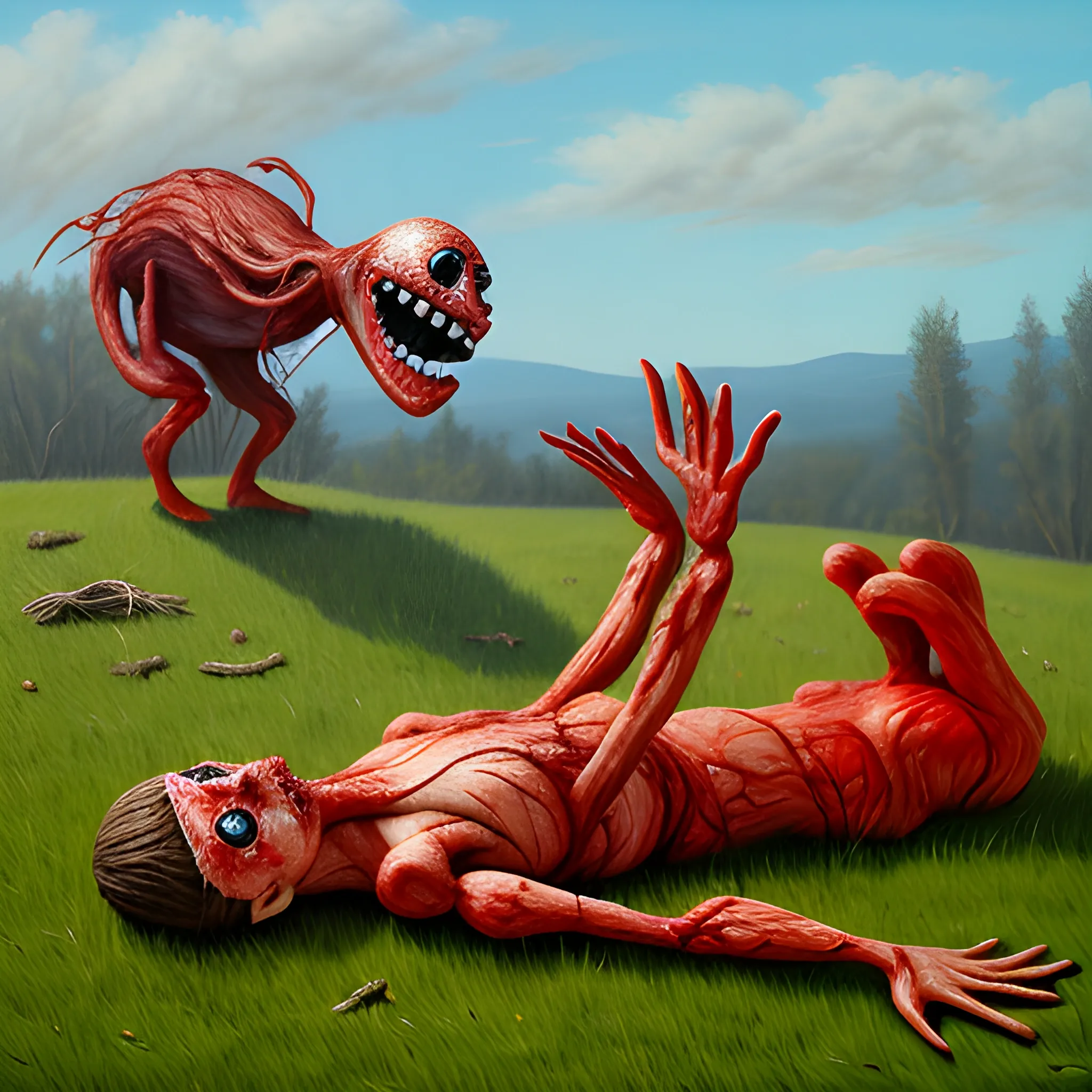 fleshy puppets on grassy 
hill 
include lots of gore and blood, , Oil Painting, 3D