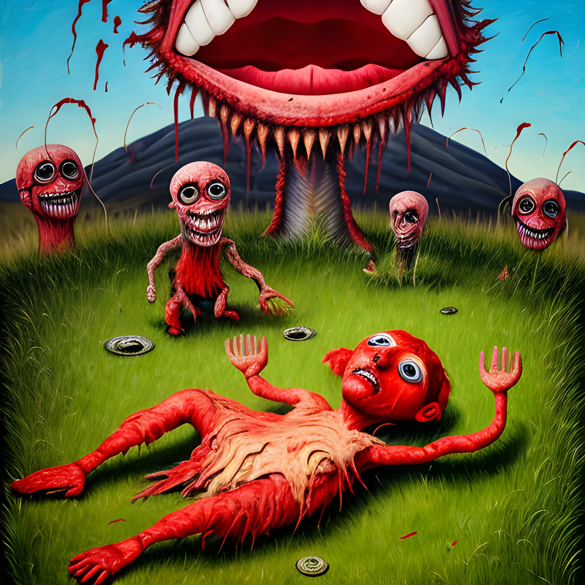 fleshy puppets on grassy 
hill 
include lots of gore and blood, , Oil Painting, 3D, Trippy