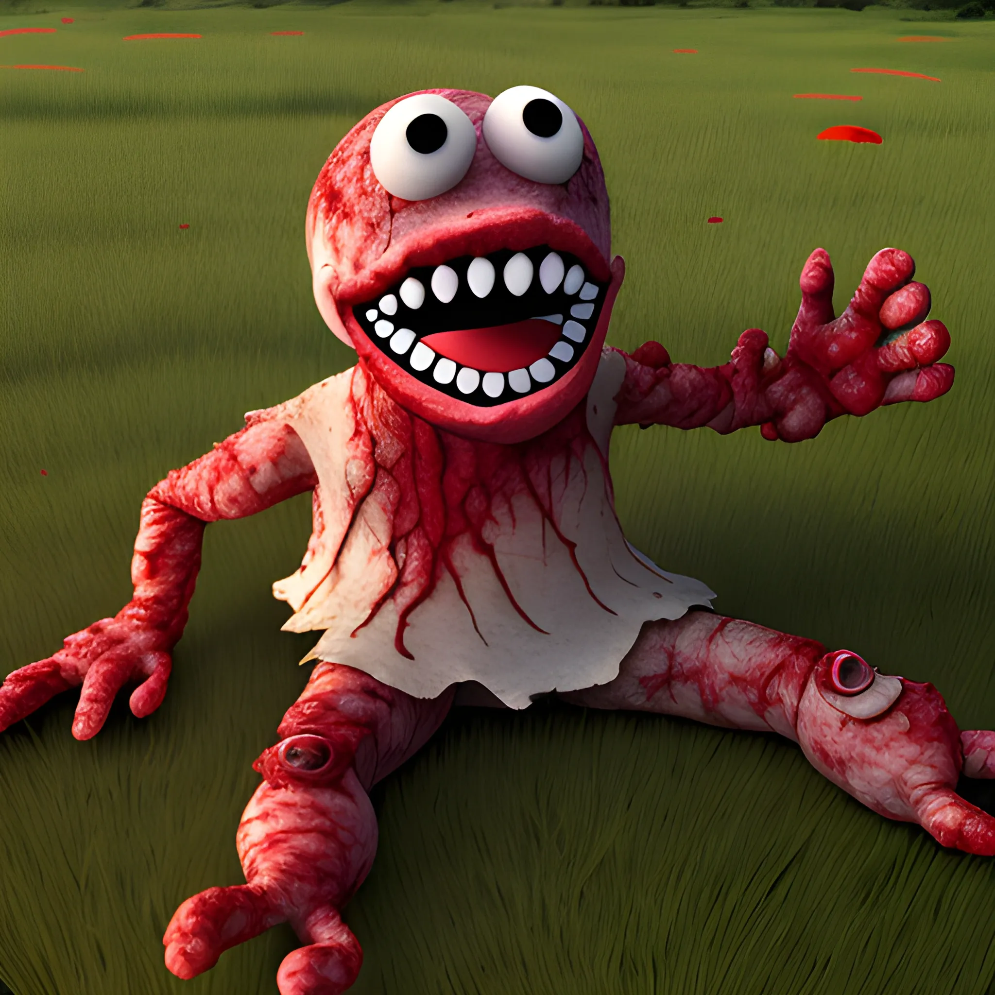 fleshy puppets on grassy 
hill 
include lots of gore and blood, ,  3D, 