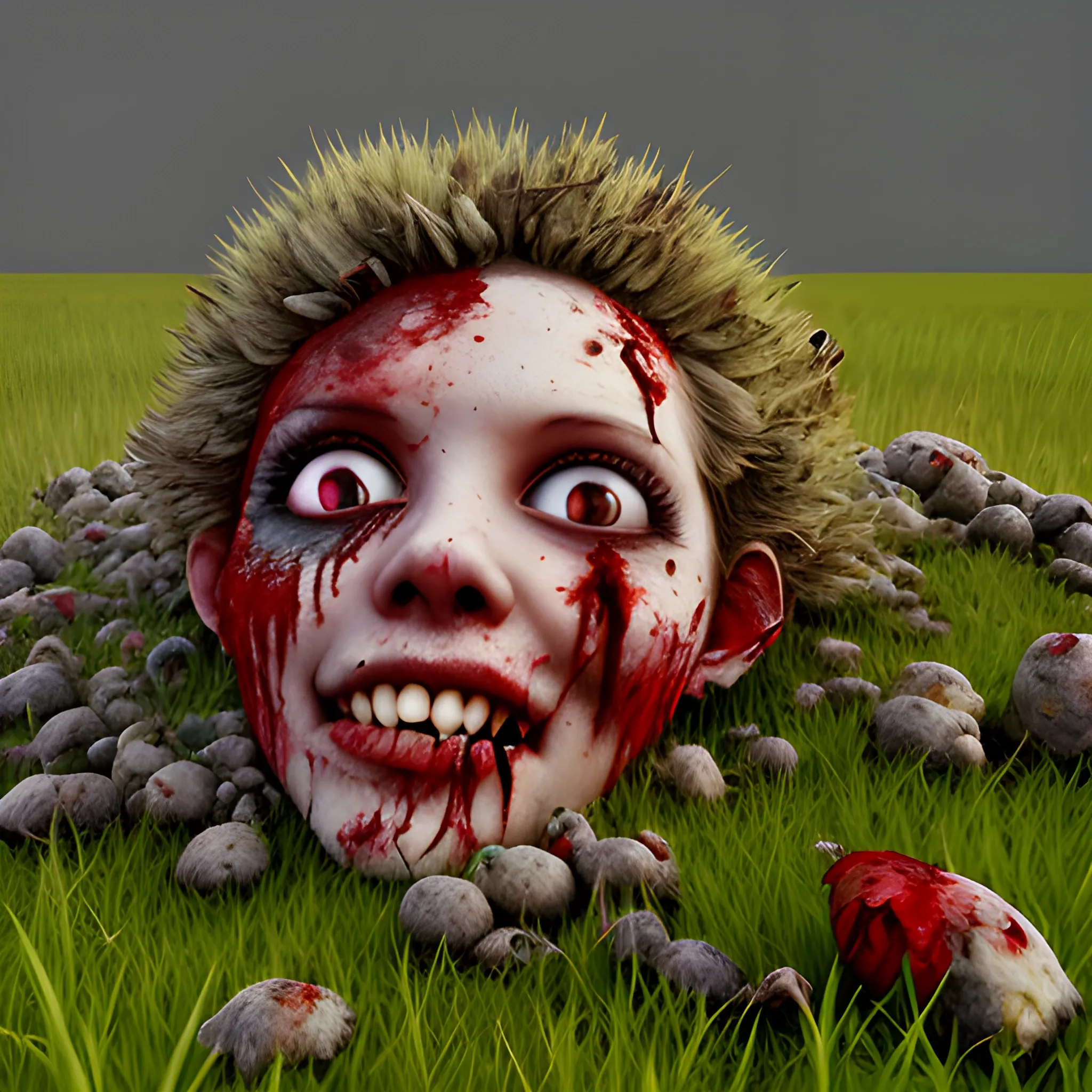 realistic clumps of rotten flesh on grassy 
hill 
include lots of gore and blood, ,  3D, 