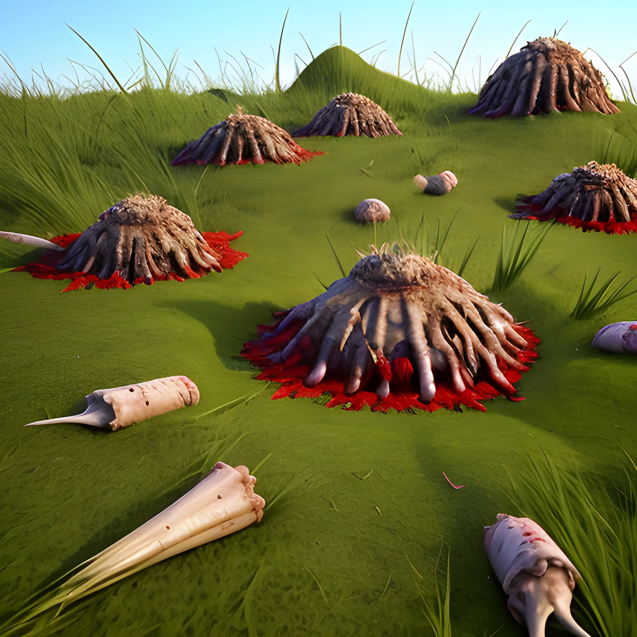 realistic clumps of rotten flesh on grassy 
hill 
include lots of gore and blood, ,  3D, 