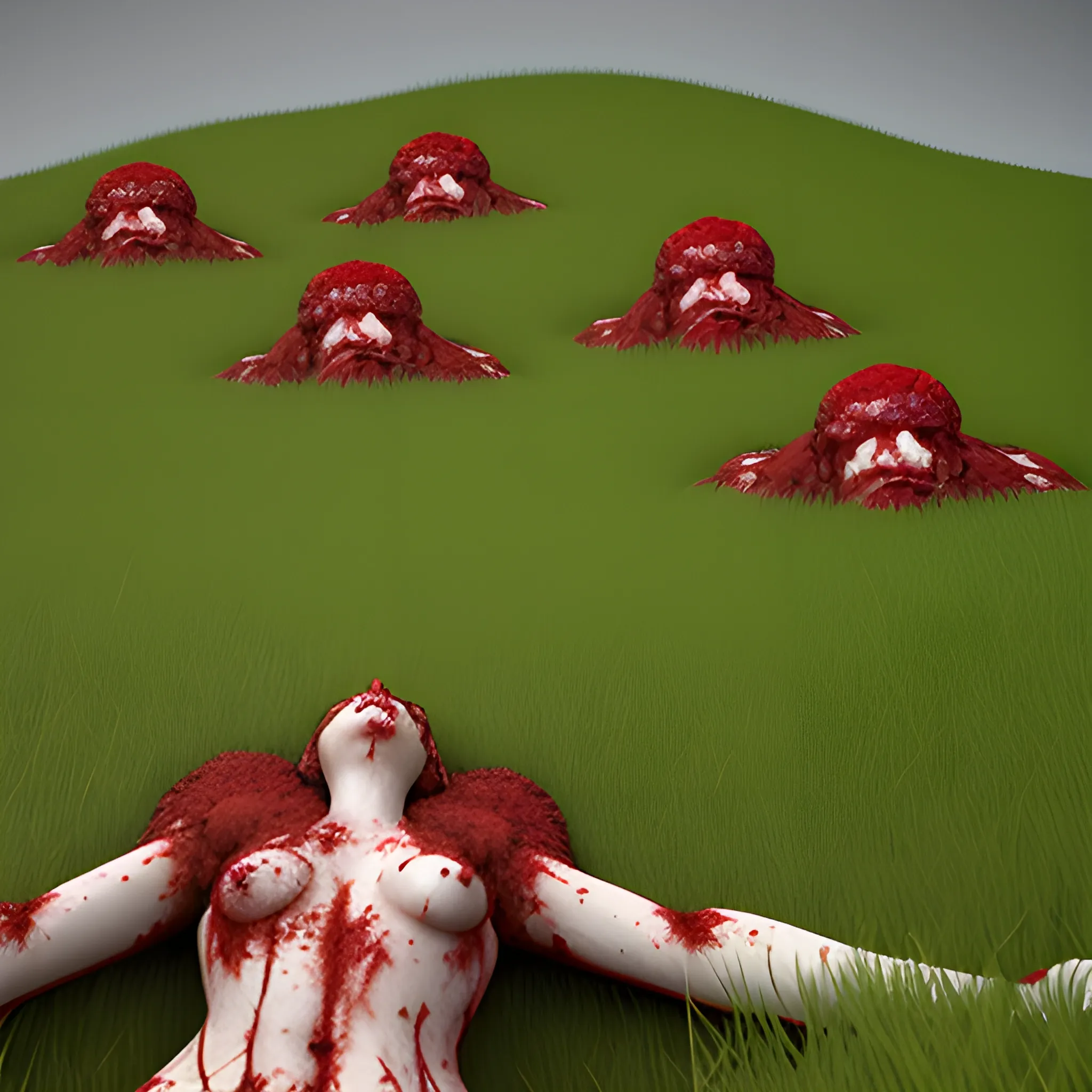 realistic clumps of flesh on grassy 
hill 
include lots of gore and blood, ,  3D, 