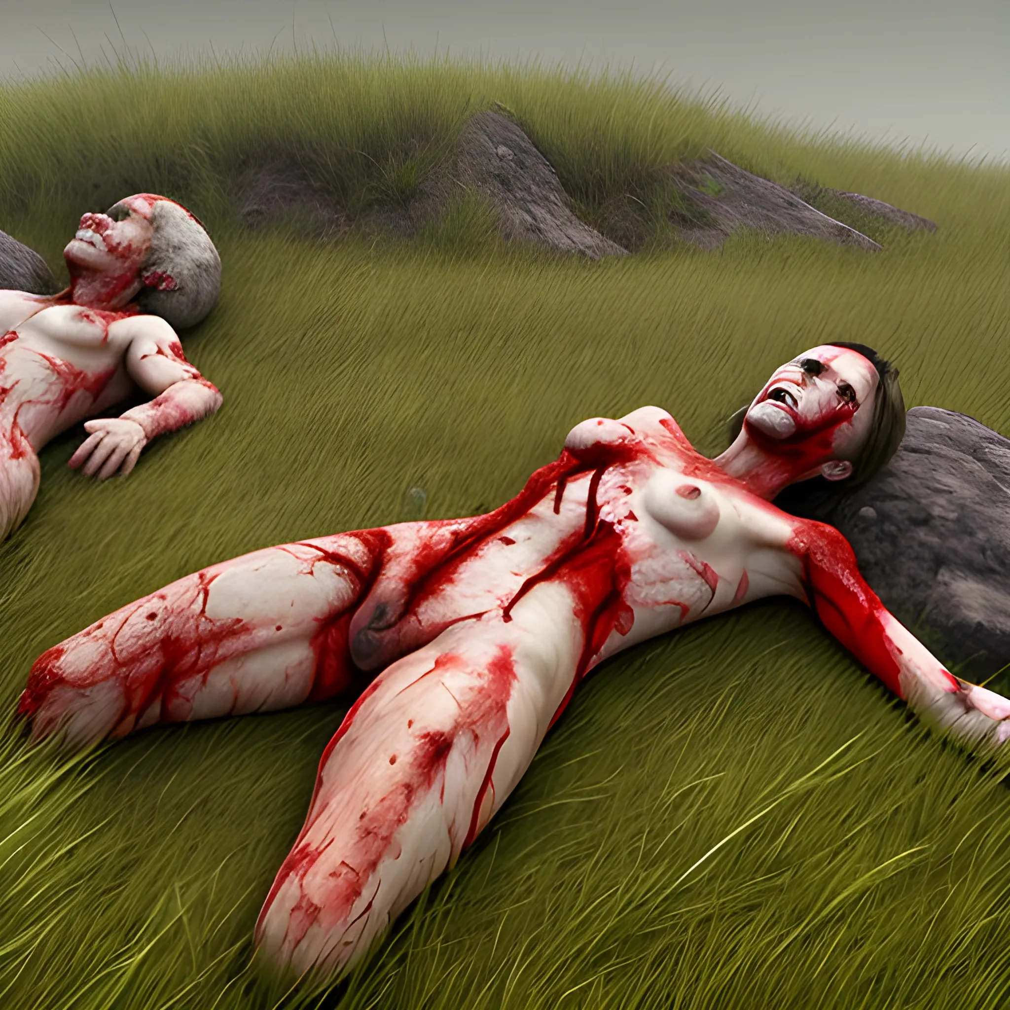 realistic clumps of flesh on grassy 
hill 
include lots of gore and blood, ,  3D, 