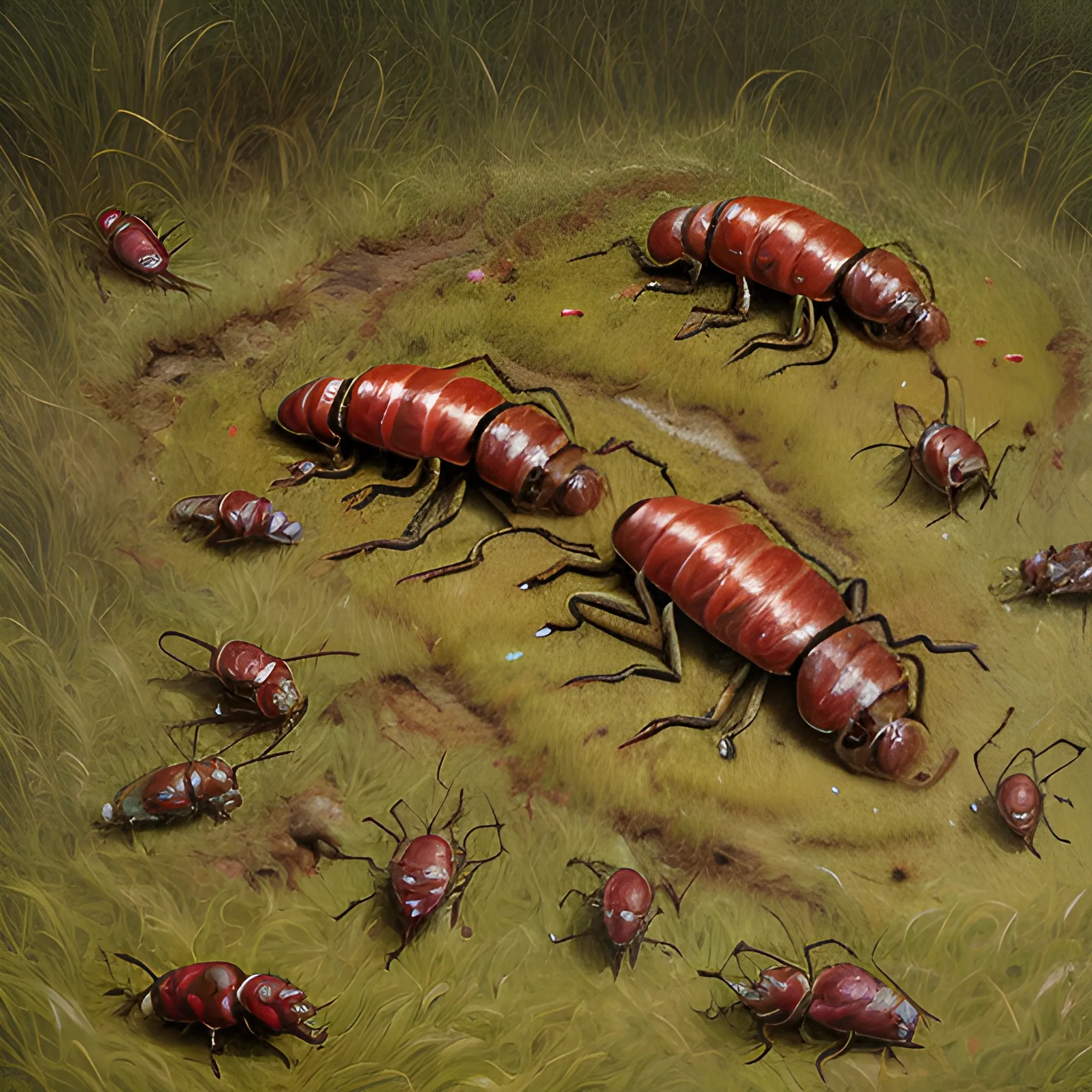 flesh insects feasting on mud on grassy 
hill 
include lots of gore and blood, ,  3D, , Oil Painting