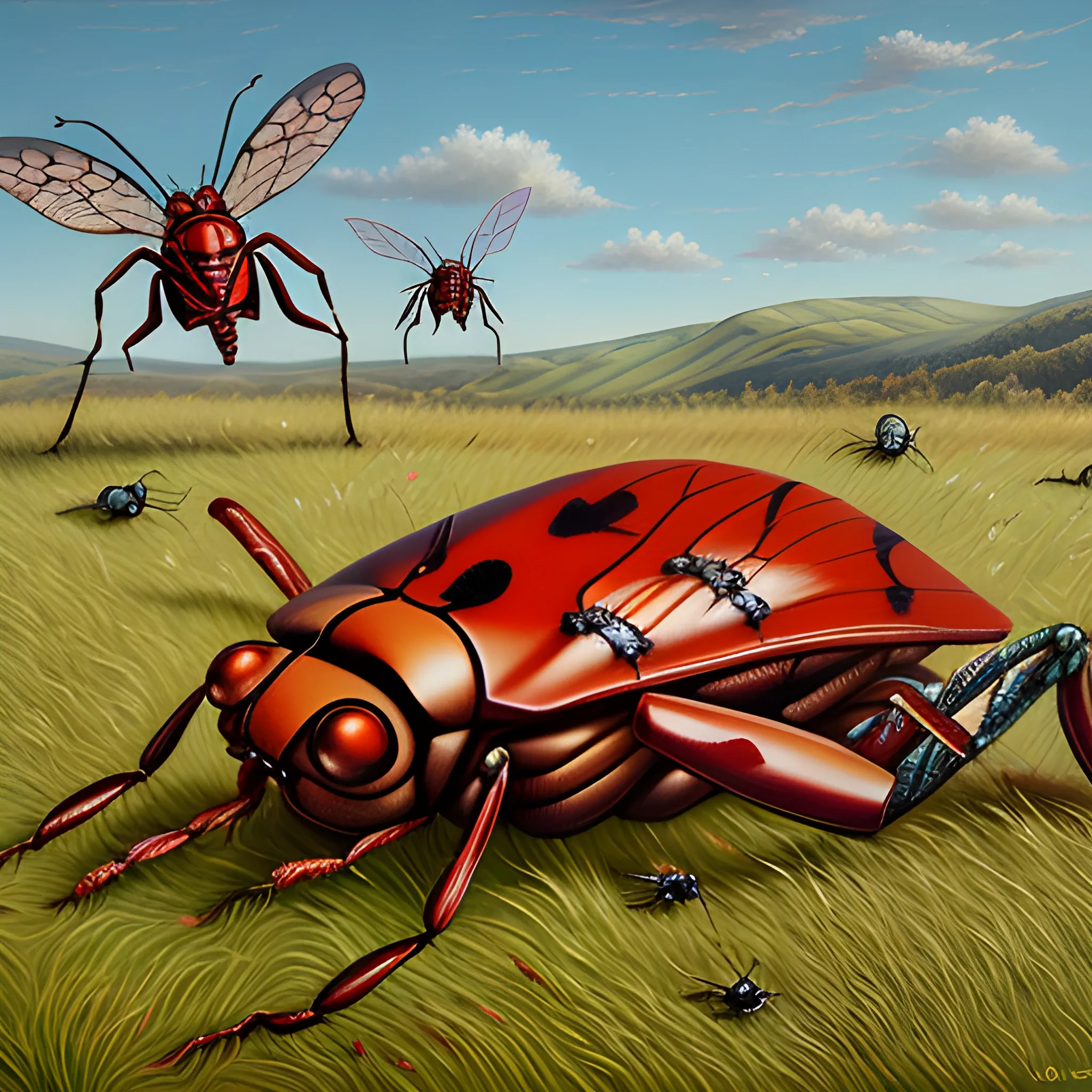 insects made of flesh on grassy 
hill 
include lots of gore and blood, ,  3D, , Oil Painting