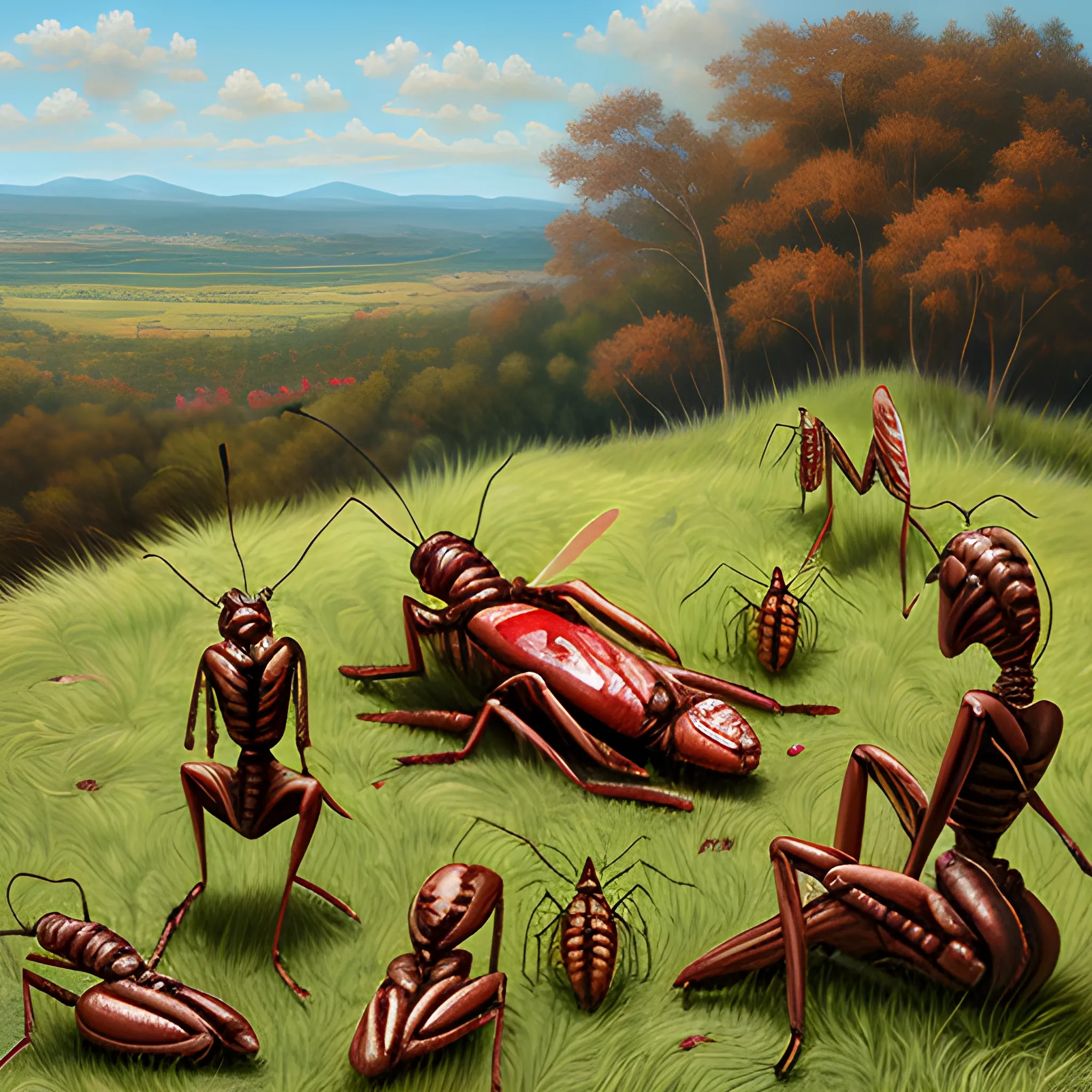 humanoid insects made of flesh on grassy 
hill 
include lots of gore and blood, ,  3D, , Oil Painting