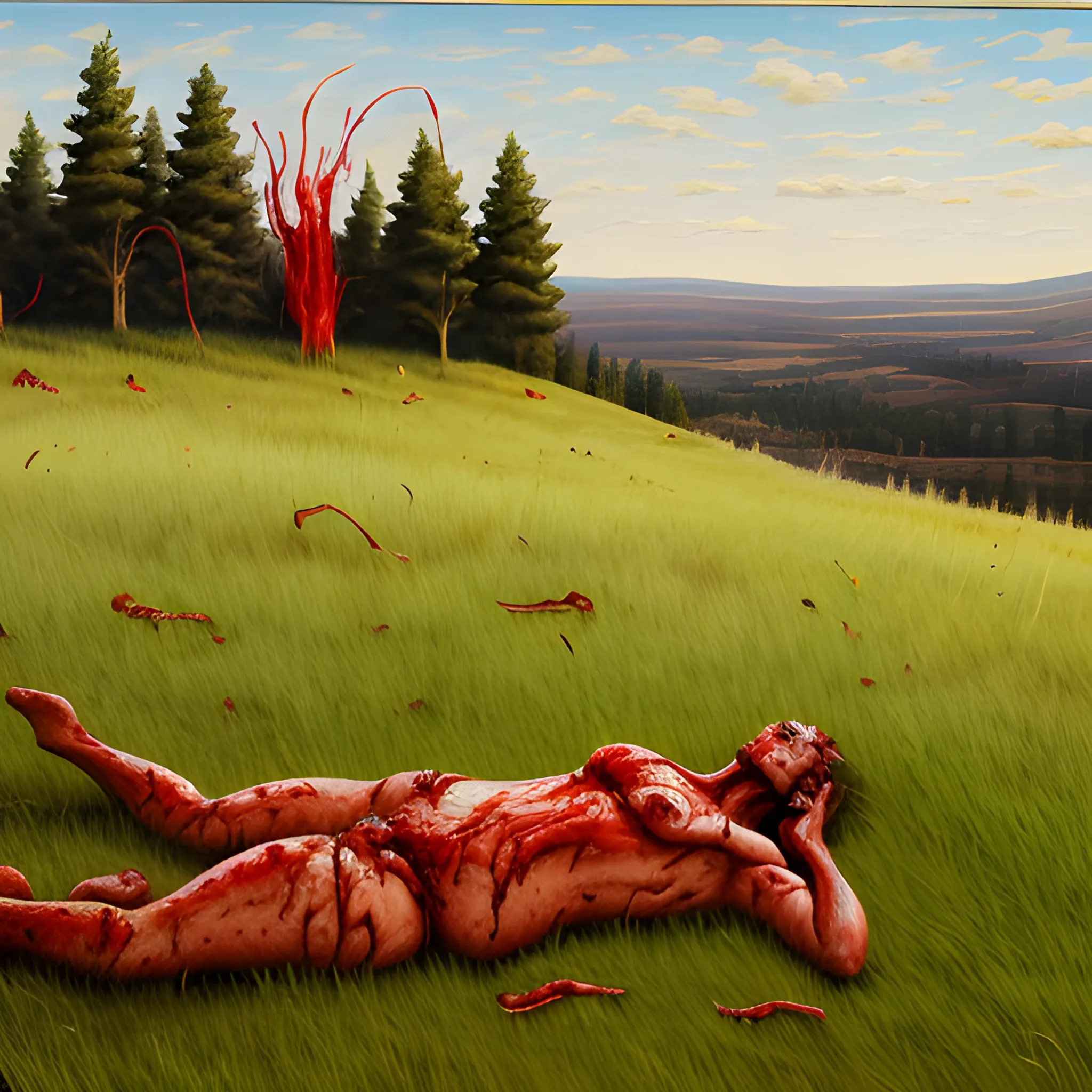 blobs of human flesh on grassy 
hill 
include lots of gore and blood, , Oil Painting, 3D