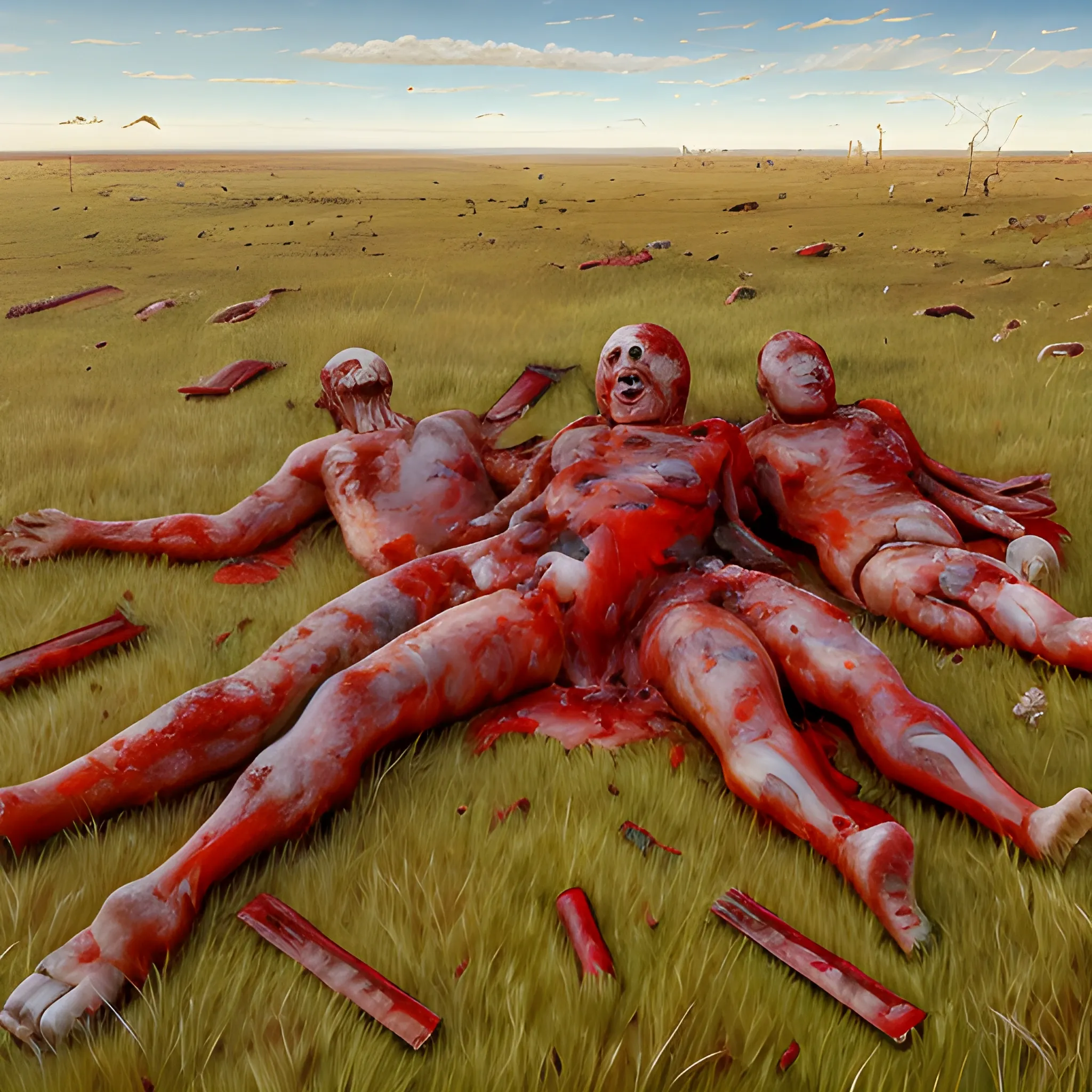 blobs of human flesh on dead grass plain

include lots of gore and blood, , Oil Painting, 3D