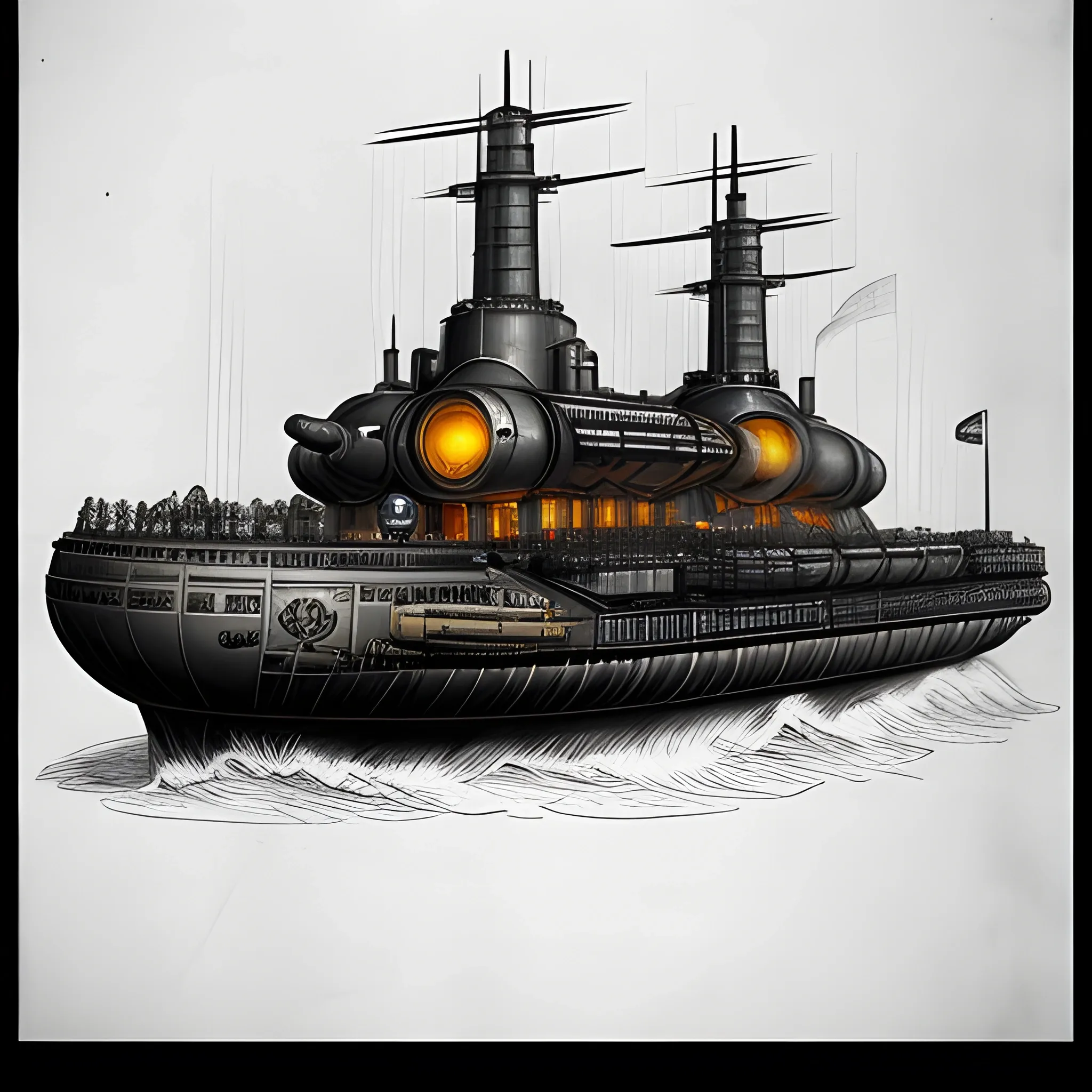 dieselpunk, airship, multiple gun platforms, fleet, brass hull, , large gun turrets, small gun turrets, crewmen, turrets, steam stacks, crew on deck, people, crew, Pencil Sketch