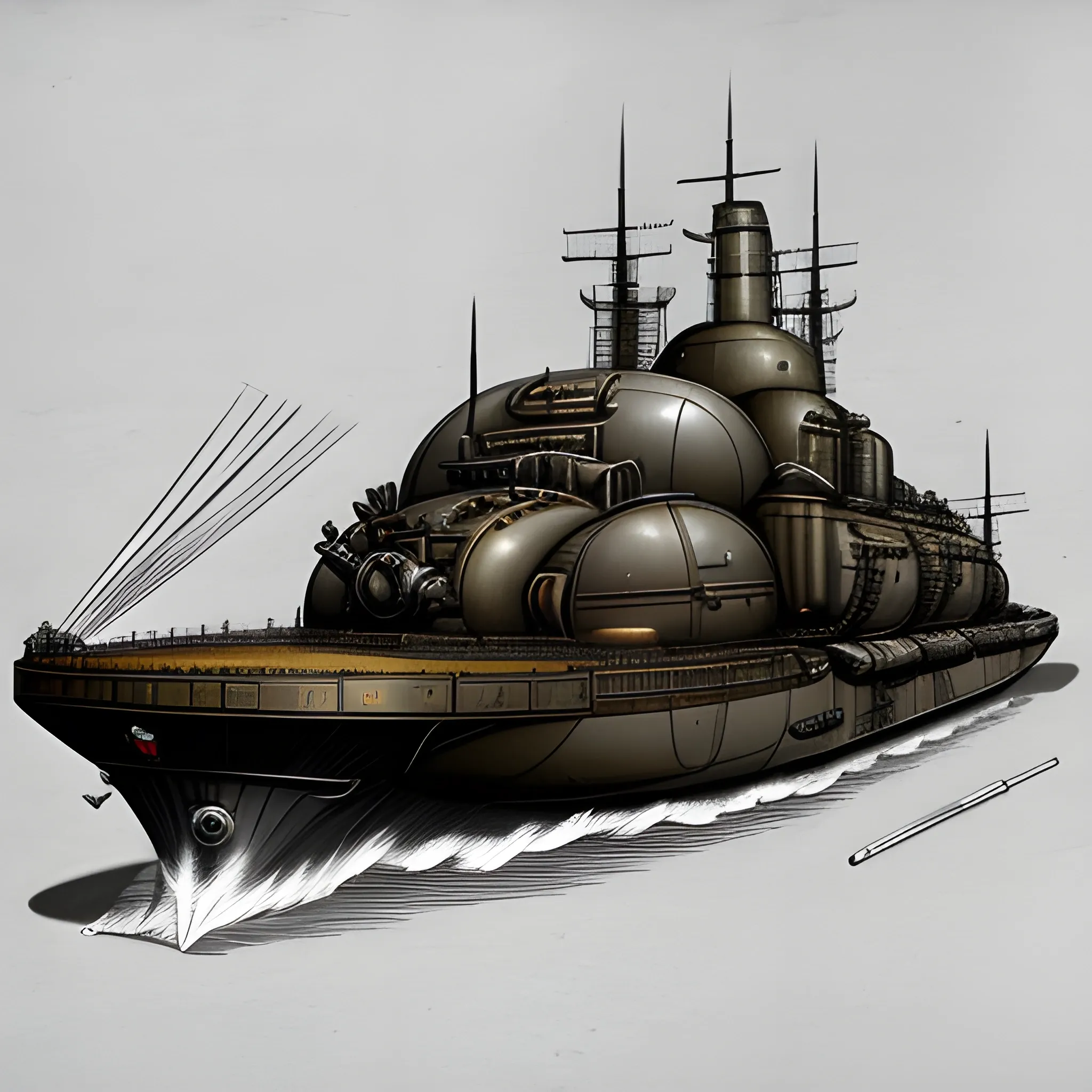 dieselpunk, airship, multiple gun platforms, fleet, brass hull, , large gun turrets, small gun turrets, crewmen, turrets, steam stacks, crew on deck, people, crew, Pencil Sketch