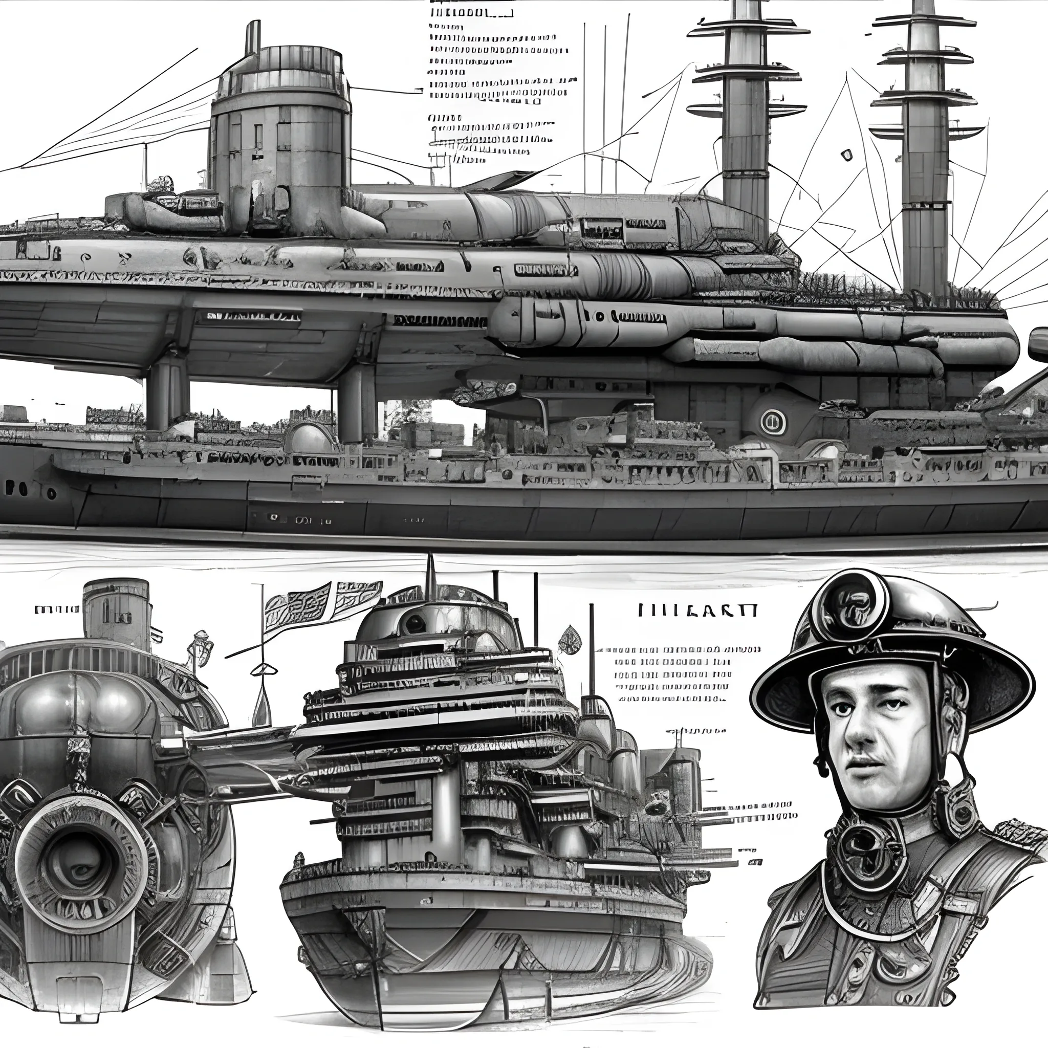 dieselpunk, airship, multiple gun platforms, fleet, brass hull, crewmen, turrets, steam stacks, crew on deck, deck view, 
people, crew, Pencil Sketch