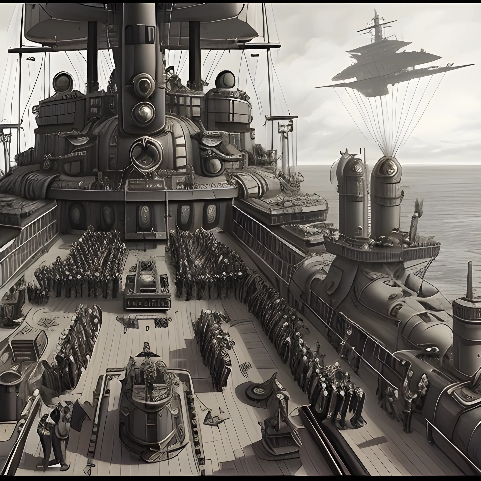 dieselpunk, airship, multiple gun platforms, fleet, brass hull, crewmen, turrets, steam stacks, crew on deck, deck view, 
people, crew, Pencil Sketch