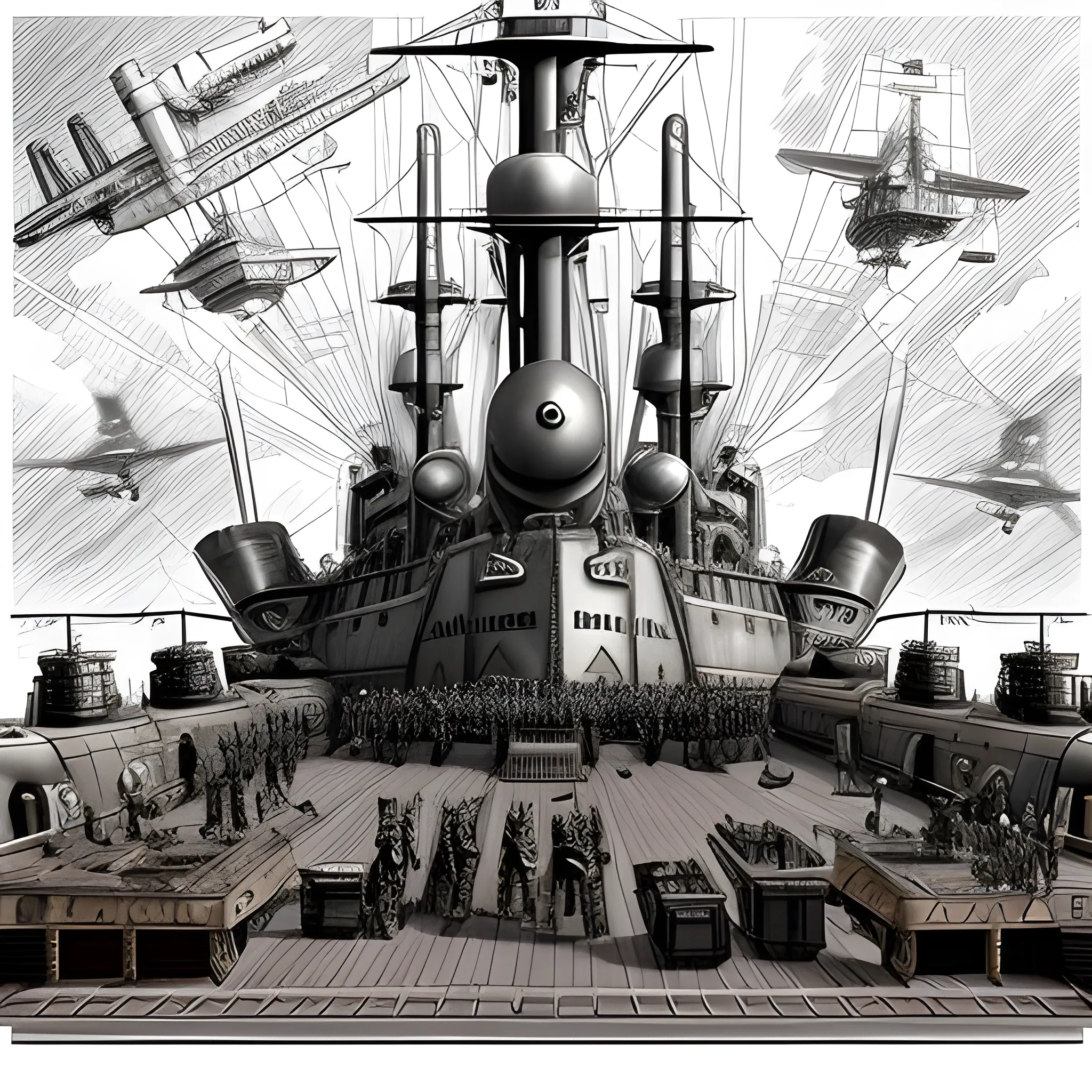 dieselpunk, airship, multiple gun platforms, fleet, brass hull, crewmen, turrets, steam stacks, crew on deck, deck view, 
people, crew, Pencil Sketch