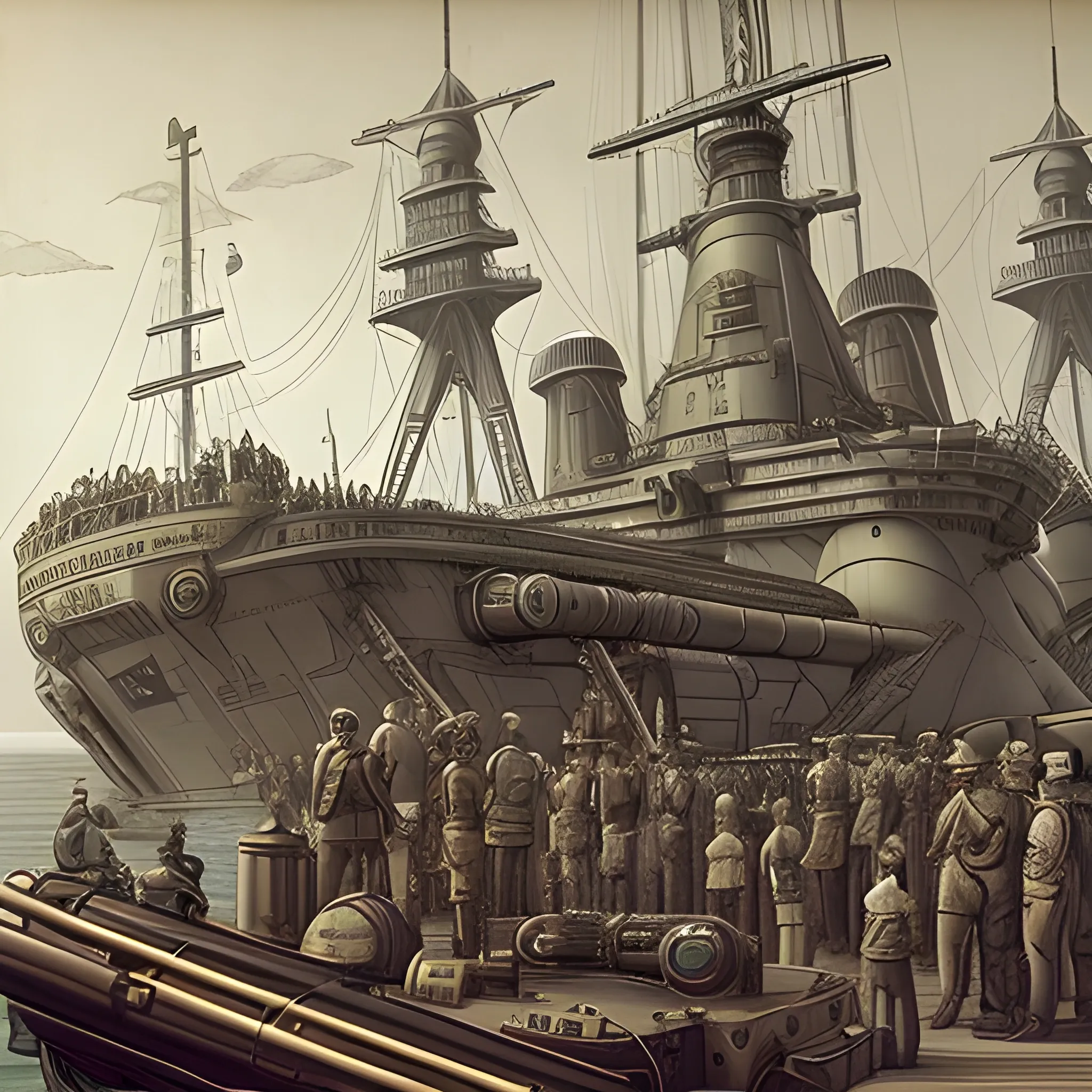 dieselpunk, airship, multiple gun platforms, brass hull, crewmen, turrets, steam stacks, crew on deck, deck view, 
people, crew, Pencil Sketch