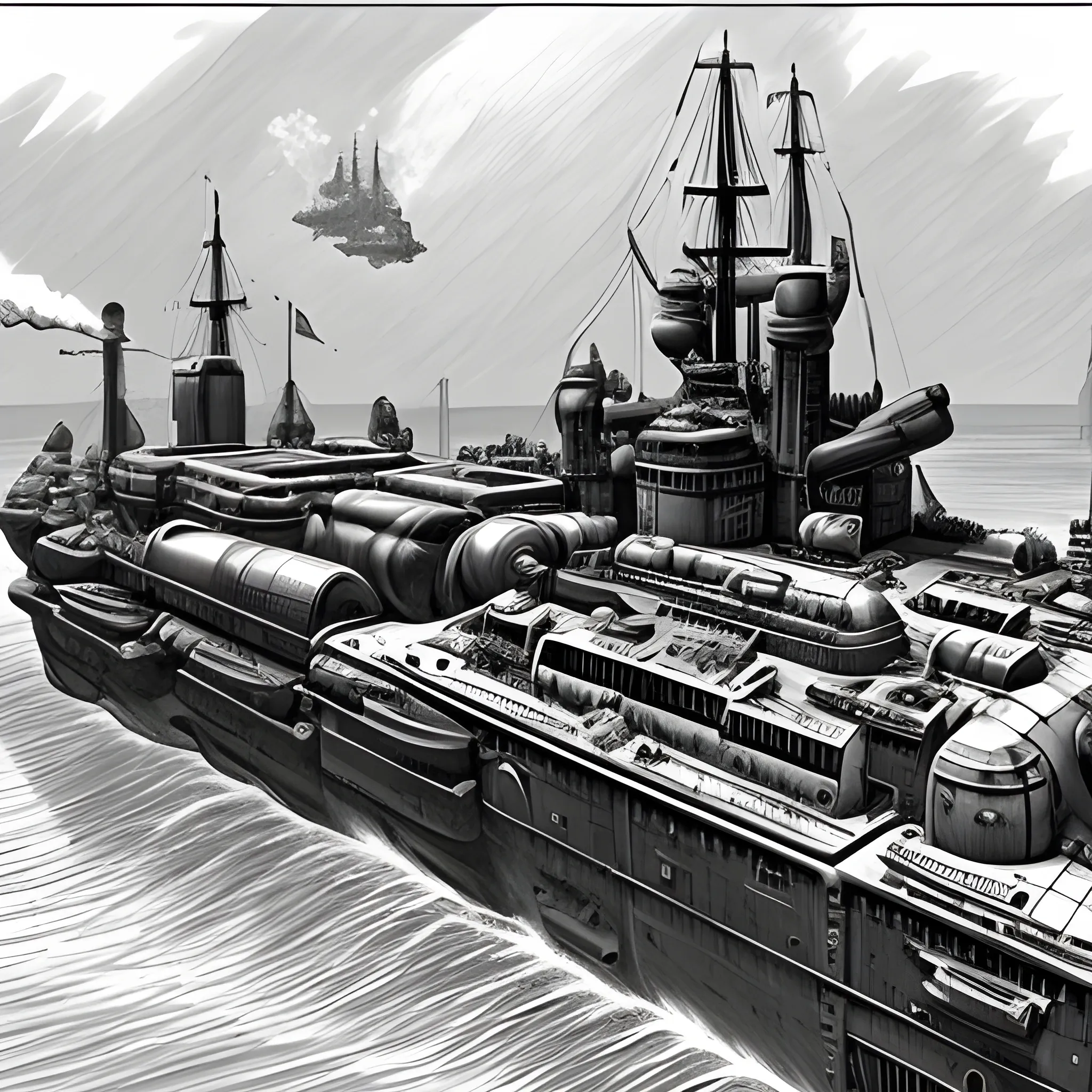 dieselpunk, huge airship, in port, gun turrets, multiple gun platforms, brass hull, crewmen, turrets, steam stacks, crew on deck, deck view, 
people, crew, Pencil Sketch