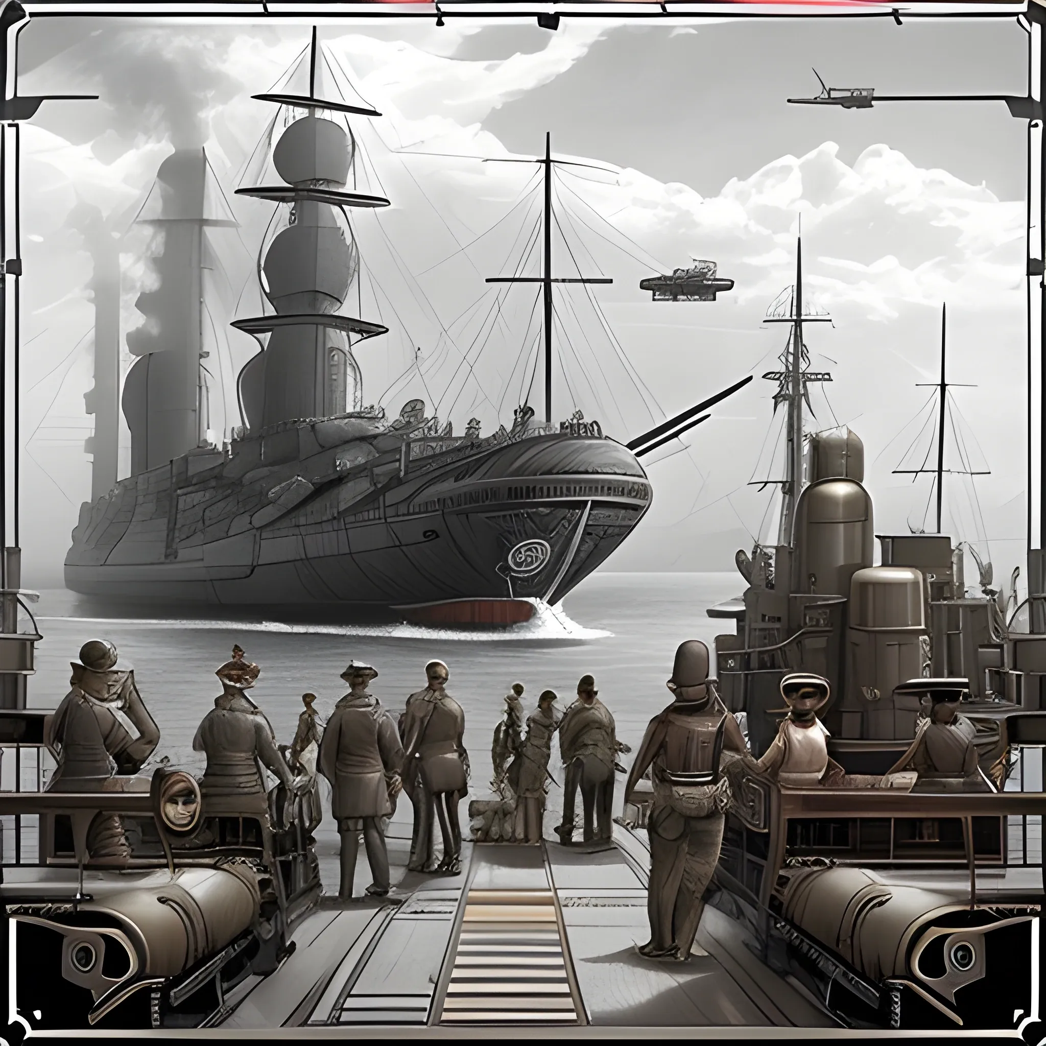 dieselpunk, huge airship, in port, gun turrets, multiple gun platforms, brass hull, crewmen, turrets, steam stacks, crew on deck, deck view, 
people, crew, Pencil Sketch