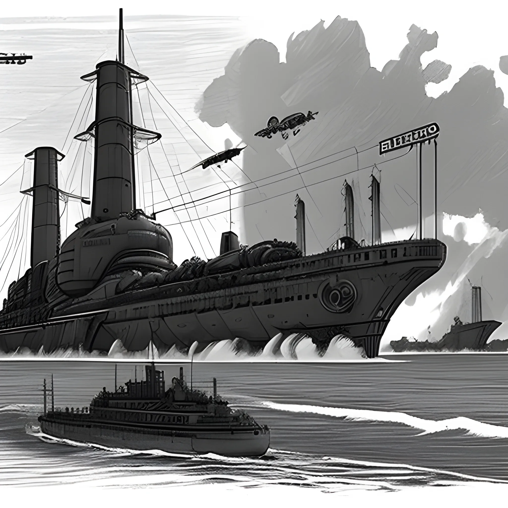 dieselpunk, huge airship, in port, gun turrets, multiple gun platforms, brass hull, crewmen, turrets, steam stacks, crew on deck, deck view, 
people, crew, Pencil Sketch