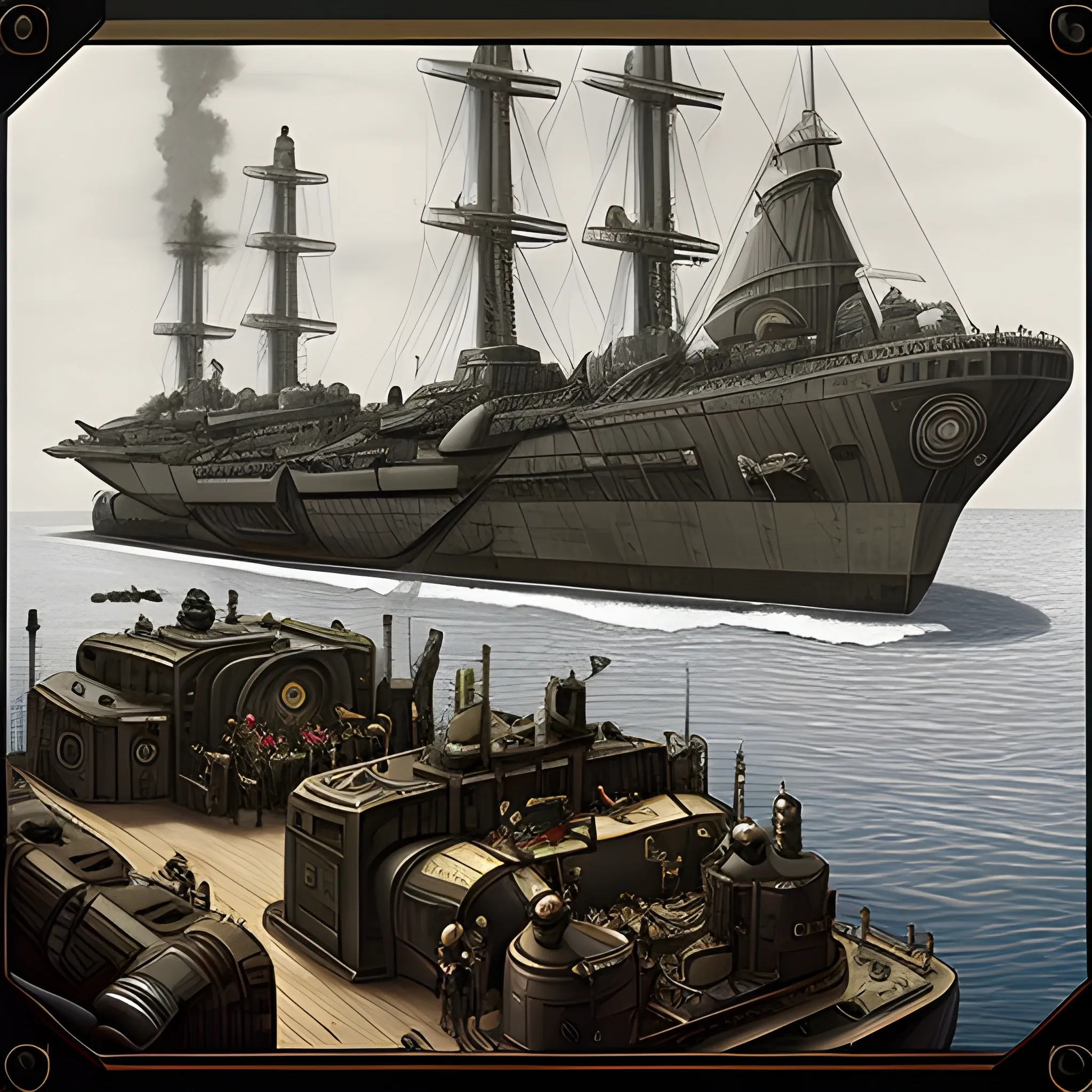 dieselpunk, huge airship, in port, gun turrets, multiple gun platforms, brass hull, crewmen, turrets, steam stacks, crew on deck, deck view, 
people, crew, Pencil Sketch