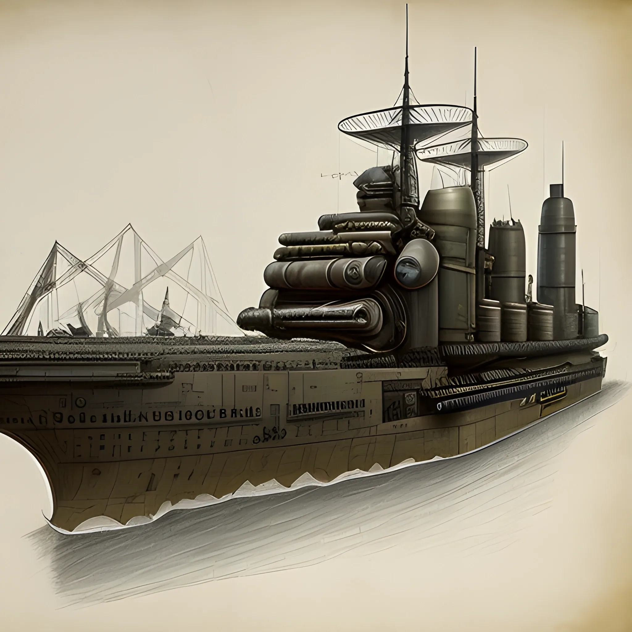 dieselpunk, huge airship, in port, gun turrets, multiple gun platforms, brass hull, crewmen, turrets, steam stacks, crew on deck, deck view, 
people, crew, Pencil Sketch