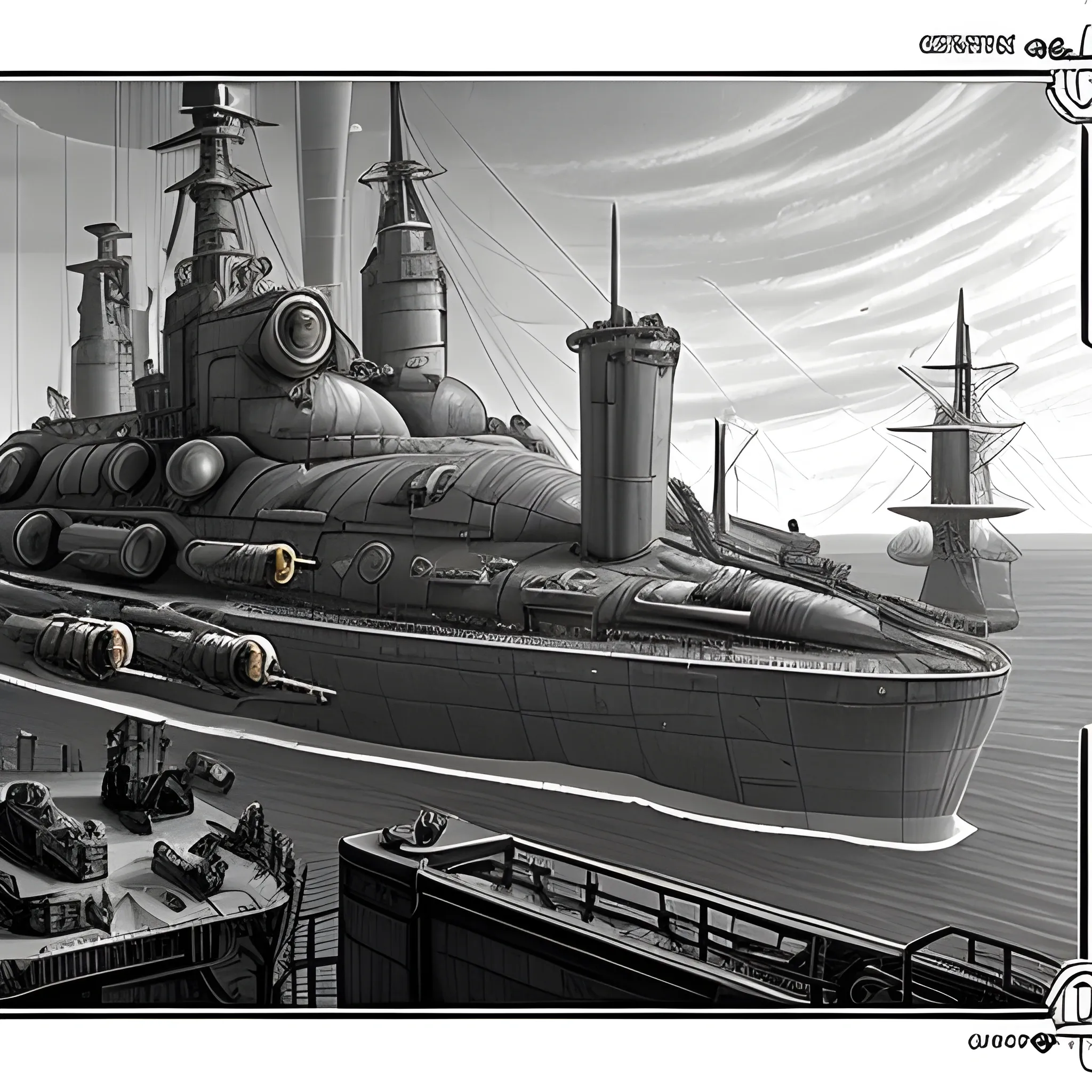 dieselpunk, huge airship, in port, gun turrets, multiple gun platforms, brass hull, crewmen, turrets, steam stacks, crew on deck, deck view, 
people, crew, Pencil Sketch