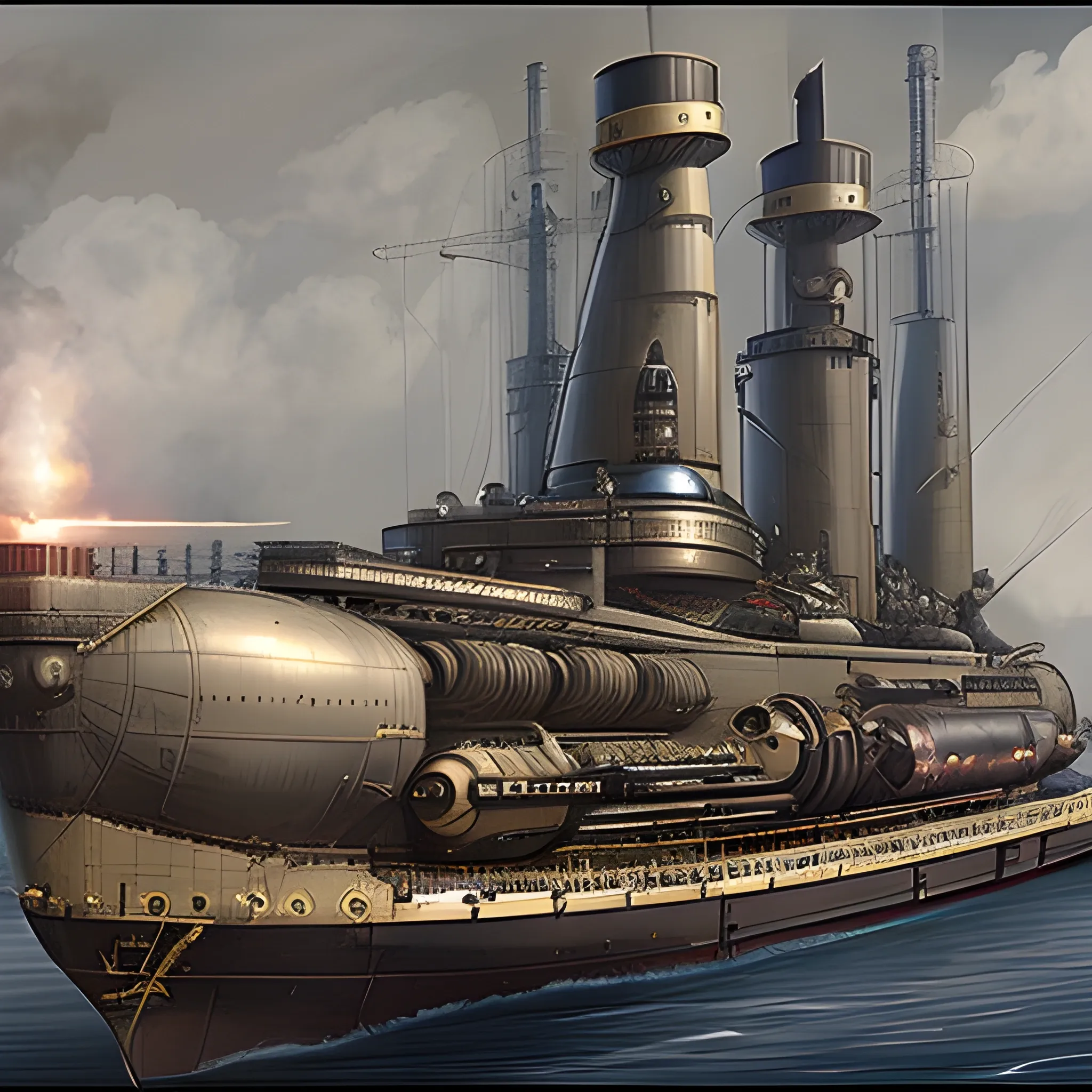 dieselpunk, huge airship, in port, gun turrets, multiple gun platforms, brass hull, crewmen, turrets, steam stacks, crew on deck, deck view, 
people, crew, Pencil Sketch