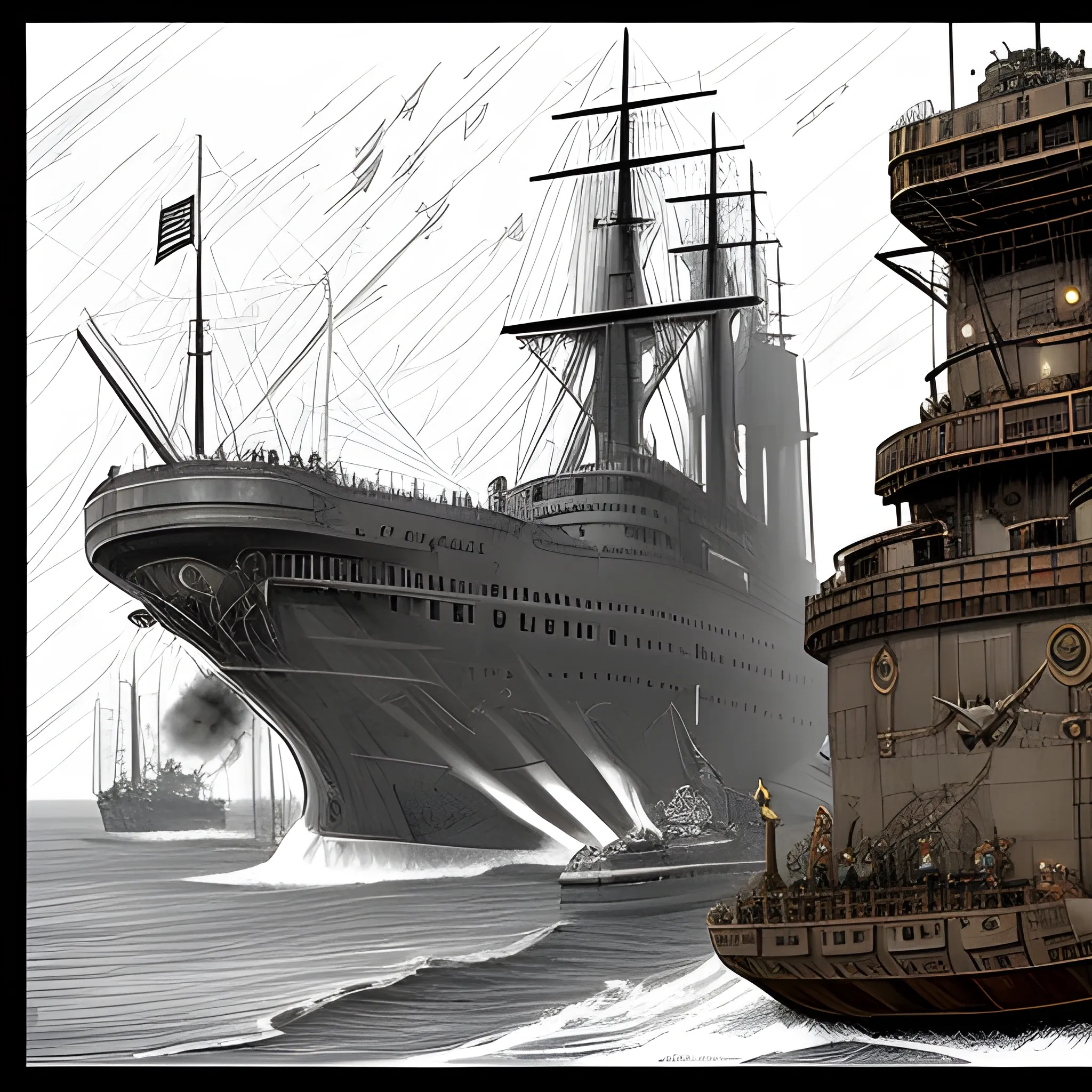 dieselpunk, huge airship, in port, gun turrets, multiple gun platforms, brass hull, crewmen, turrets, steam stacks, crew on deck, deck view, 
people, crew, Pencil Sketch