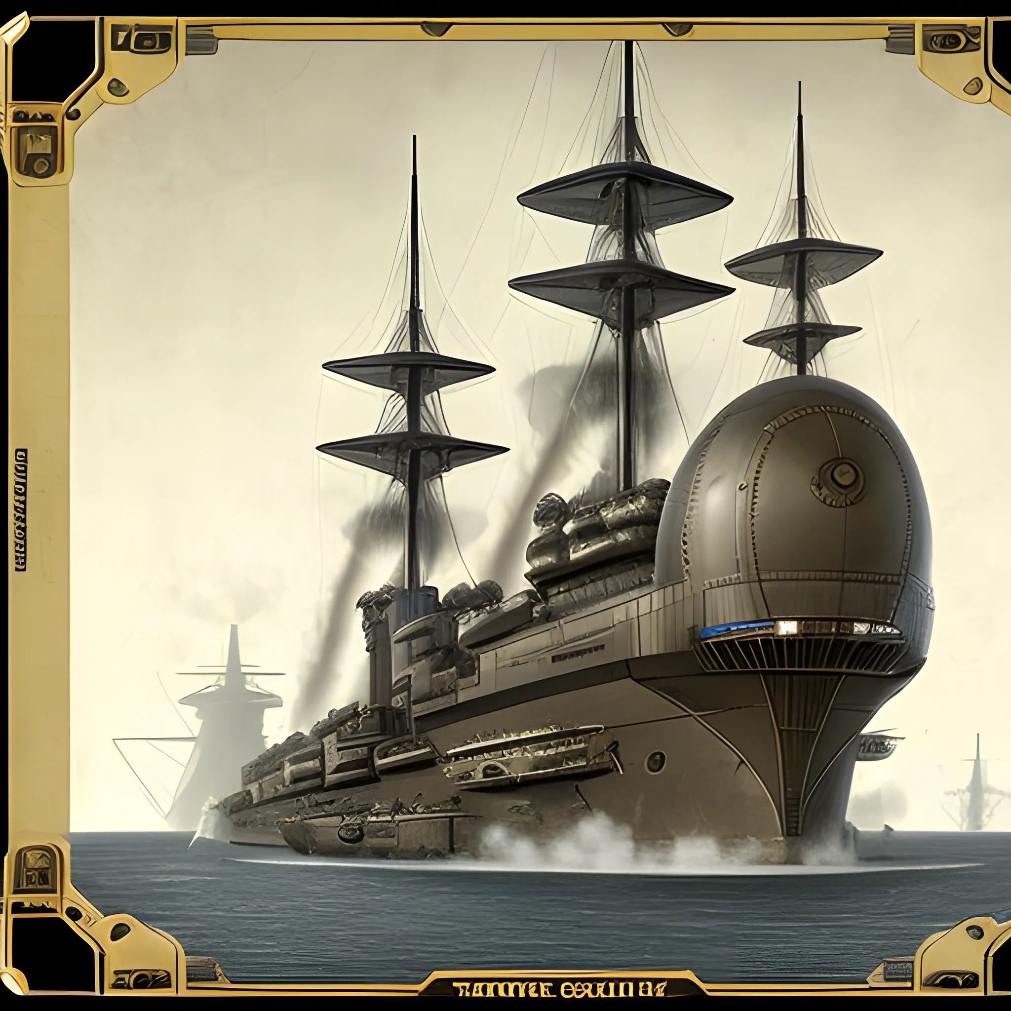 dieselpunk, huge airship, in port, gun turrets, multiple gun platforms, brass hull, crewmen, turrets, steam stacks, crew on deck, deck view, 
people, crew, Pencil Sketch