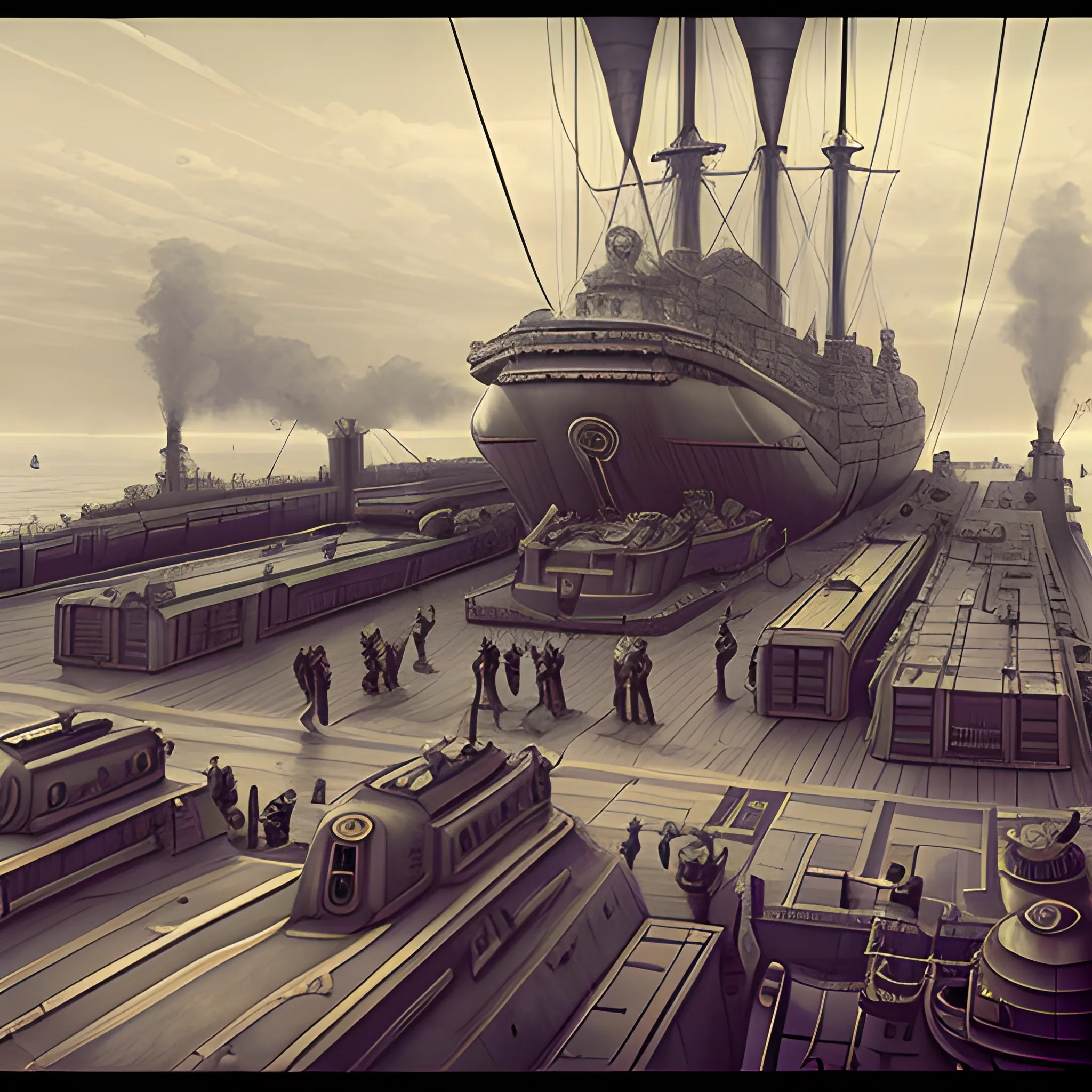 dieselpunk, huge airship, in port, gun turrets, multiple gun platforms, brass hull, crewmen, turrets, steam stacks, crew on deck, deck view, 
people, crew, Pencil Sketch