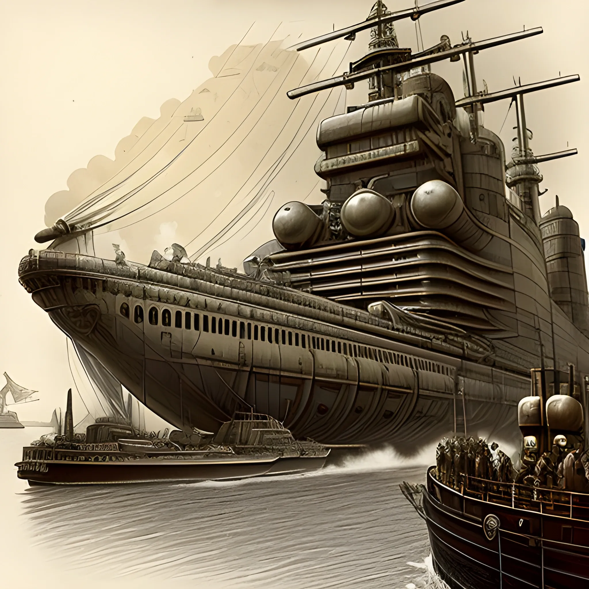 dieselpunk, huge airship, in port, gun turrets, multiple gun platforms, brass hull, crewmen, turrets, steam stacks, crew on deck, deck view, 
people, crew, Pencil Sketch