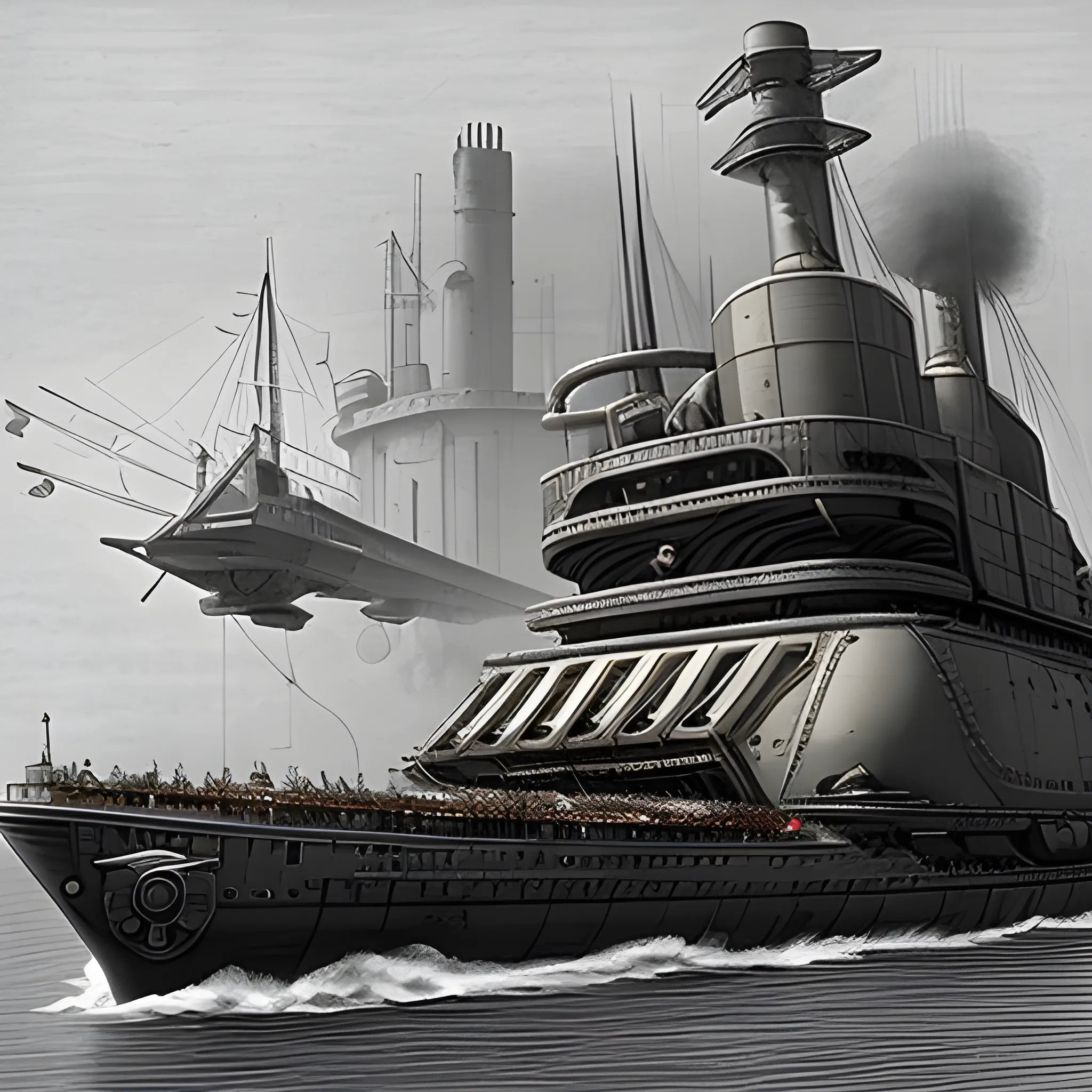 dieselpunk, huge airship, in port, gun turrets, multiple gun platforms, brass hull, crewmen, turrets, steam stacks, crew on deck, deck view, 
people, crew, Pencil Sketch