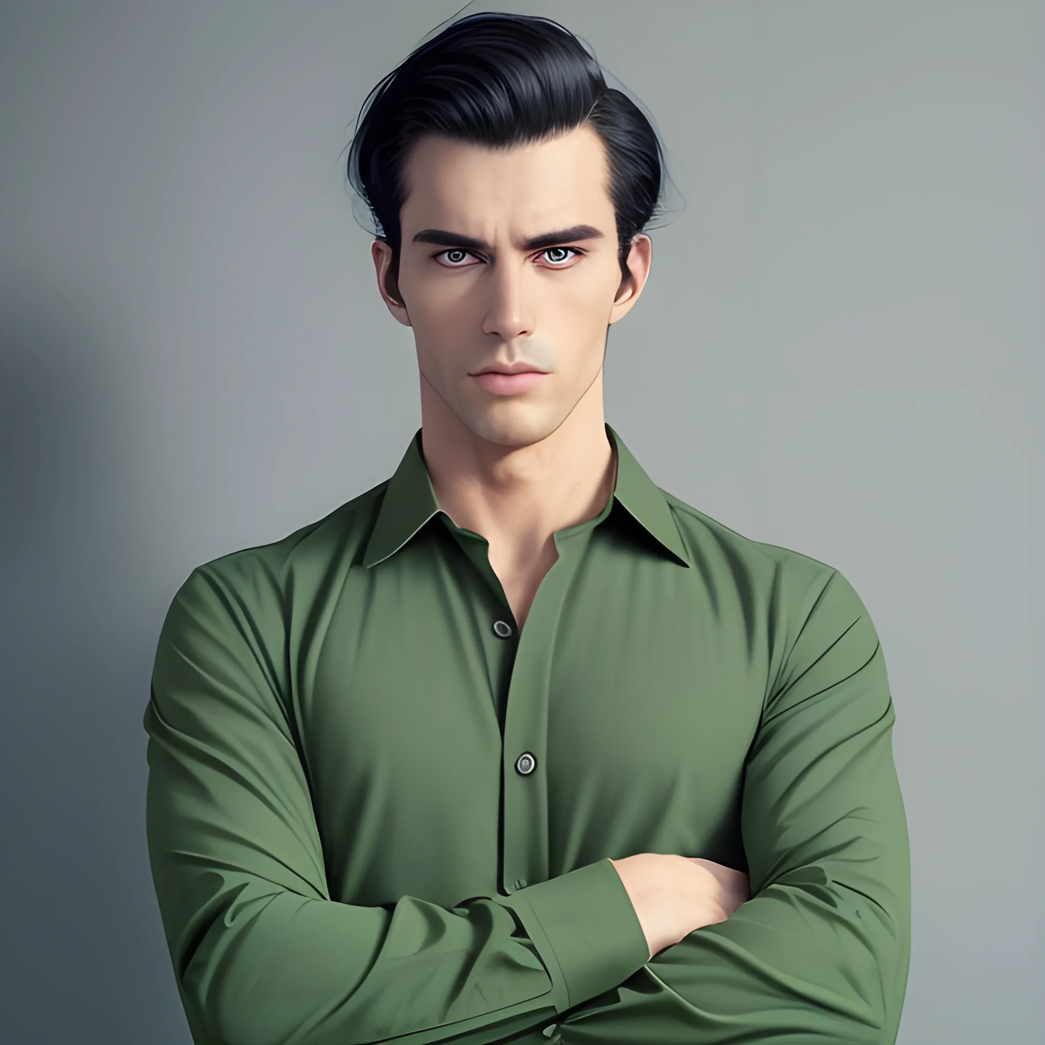 handsome men,crossed arms, stand up in front of green matte, office uniform, navy shirt, cream long pant, black hair, good hand, 4k, best quality, sharp focus, soft lighting, skinny, 1men, ideal body, training body, slim fit, view from front, medium, profesional model pose, face advanced, face detail, negative_hand-neg:1.2,