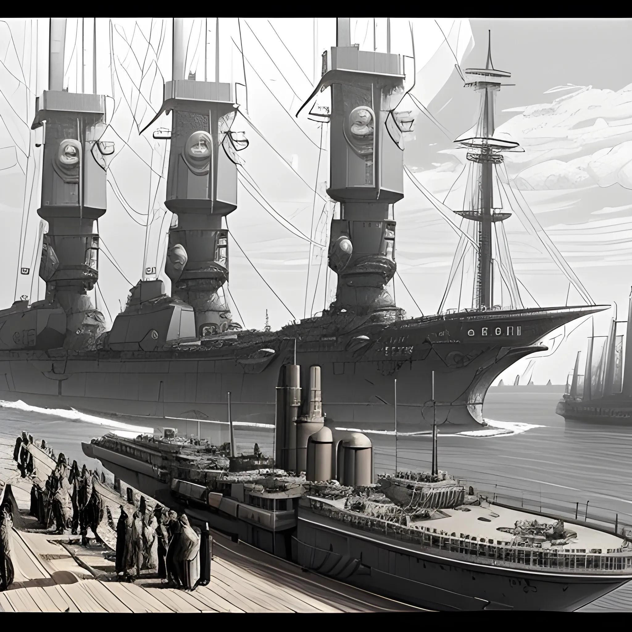 dieselpunk, huge airship, in port, gun turrets, multiple gun platforms, brass hull, crewmen, turrets, steam stacks, crew on deck, deck view, 
people, crew, Pencil Sketch