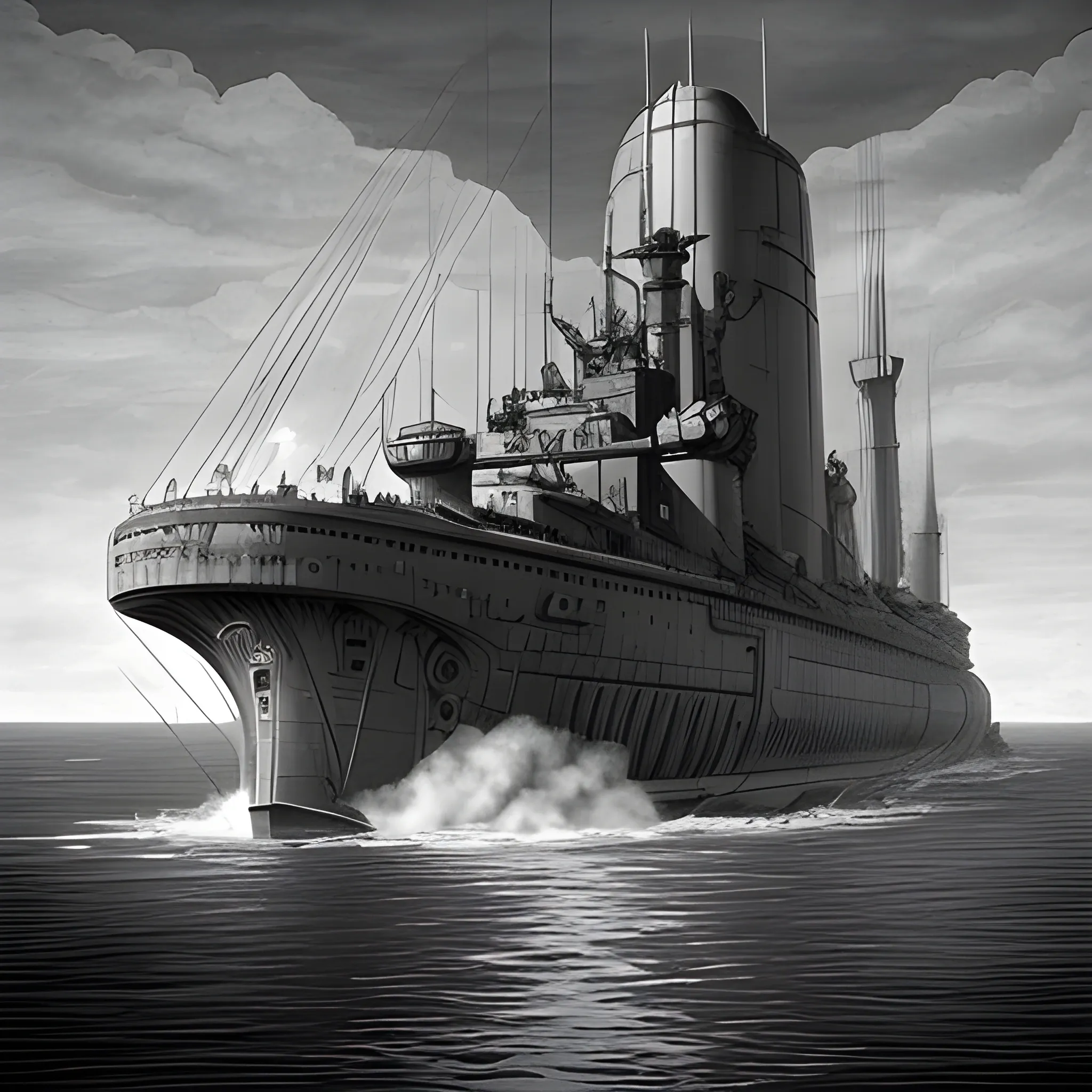 dieselpunk, collosal airship, in port, gun turrets, multiple gun platforms, brass hull, crewmen, turrets, steam stacks, crew on deck, deck view, flying, people, crew, Pencil Sketch