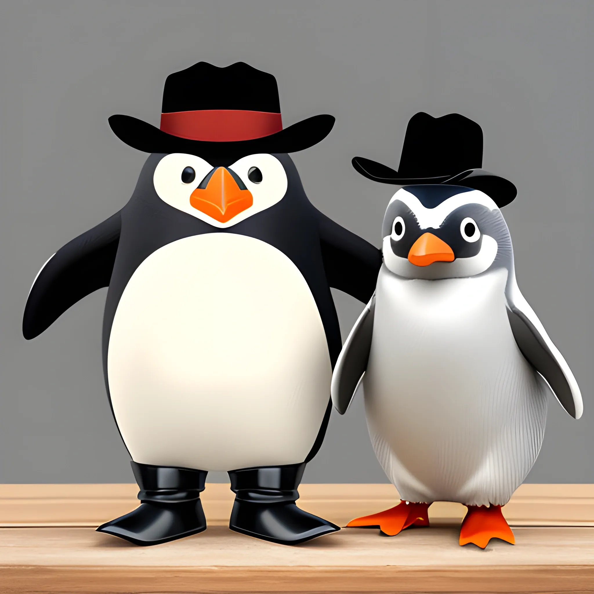 asistente virtual pinguino con sombrero  y botas de vaquero,
