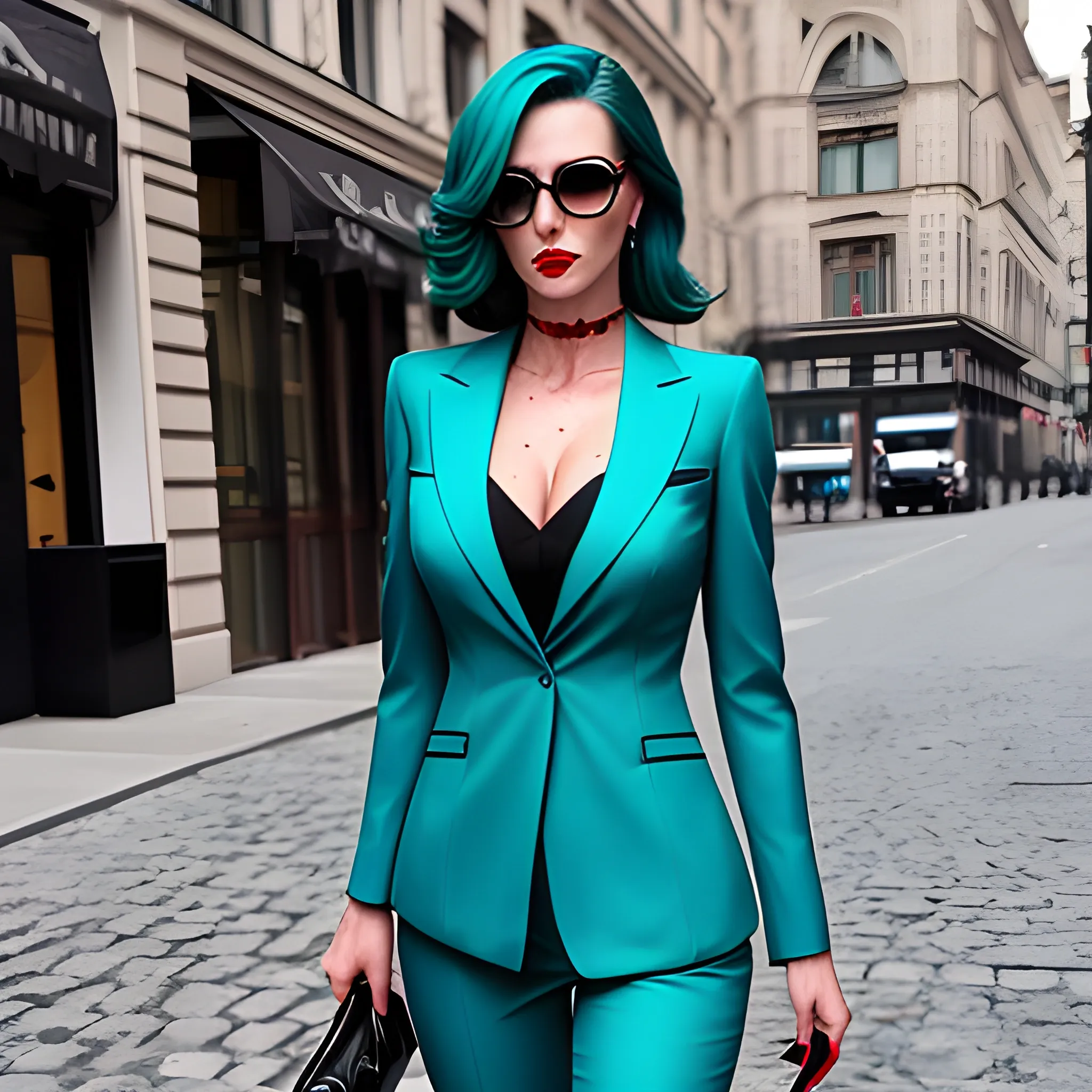 Mafia boss girl, elegant teal suit, with blood coming out of her eyes, whole body, elegant boots