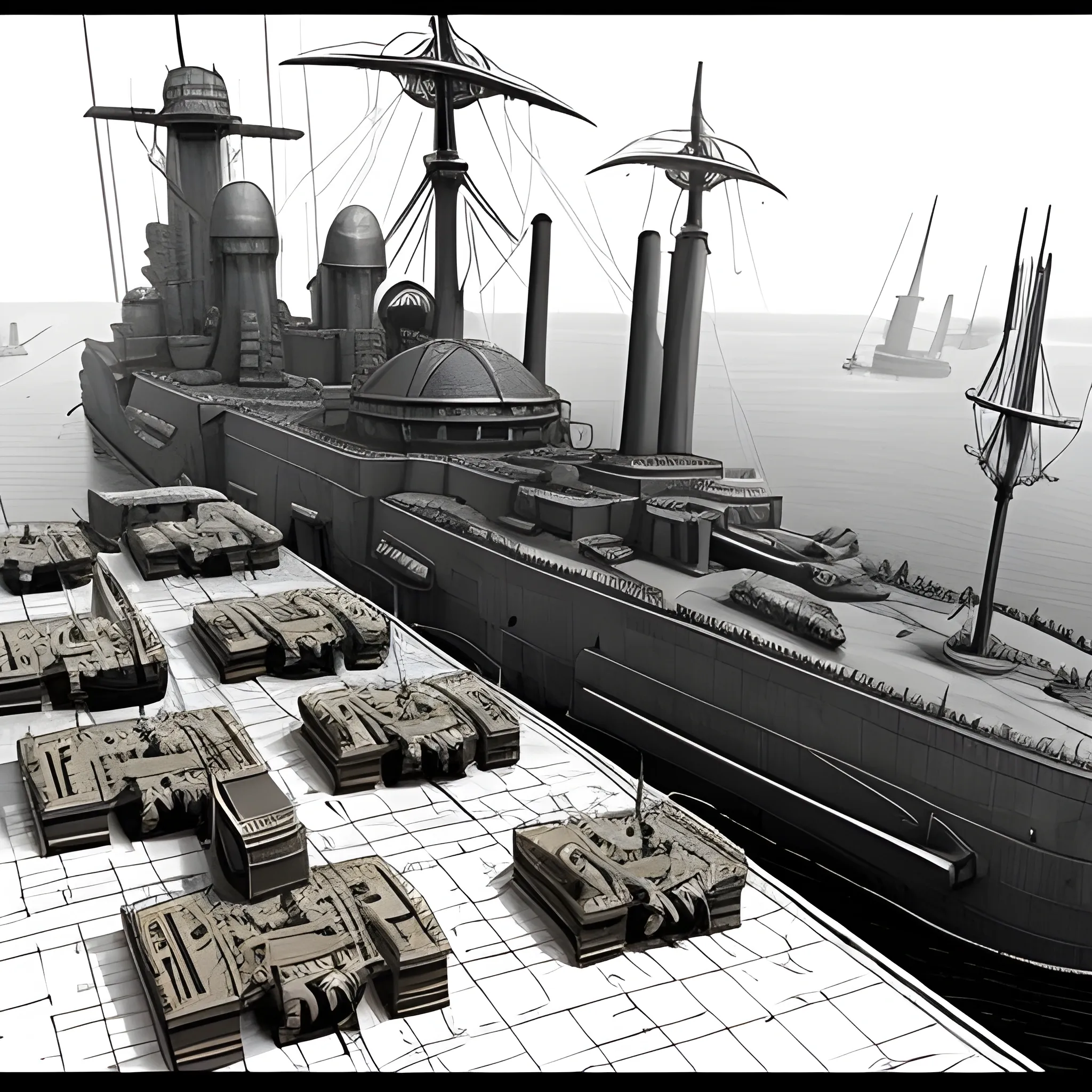 dieselpunk, collosal airship, in port, gun turrets, multiple gun platforms, brass hull, crewmen, turrets, steam stacks, crew on deck, deck view, biplanes guarding ship, people, crew, Pencil Sketch