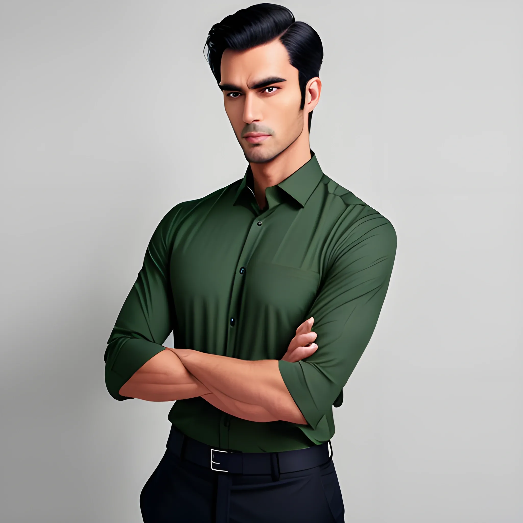 handsome school boy ,crossed arms, stand up in front of green matte, office uniform, navy shirt, cream long pant, black hair, good hand, 4k, best quality, sharp focus, soft lighting, skinny, 1men, ideal body, training body, slim fit, view from front, medium, profesional model pose, face advanced, face detail, negative_hand-neg:1.2,

