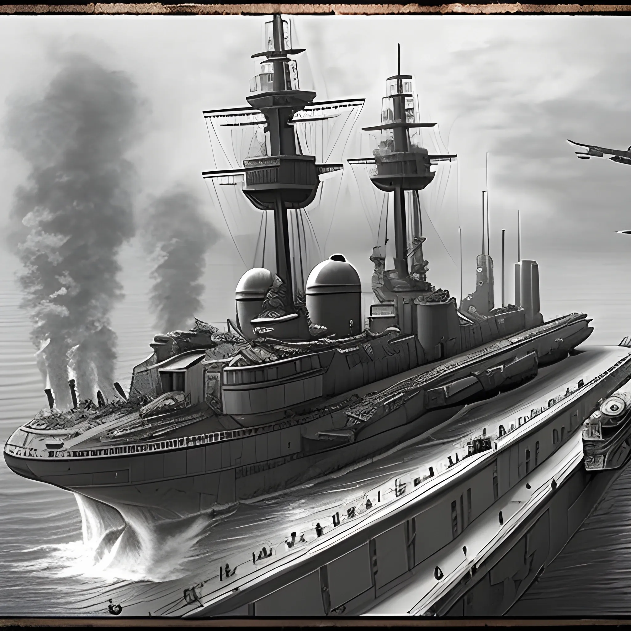 dieselpunk, collosal airship, in port, gun turrets, multiple gun platforms, brass hull, crewmen, turrets, steam stacks, crew on deck, deck view, biplanes guarding ship, people, crew, combat, naval combat, broadside volley, Pencil Sketch